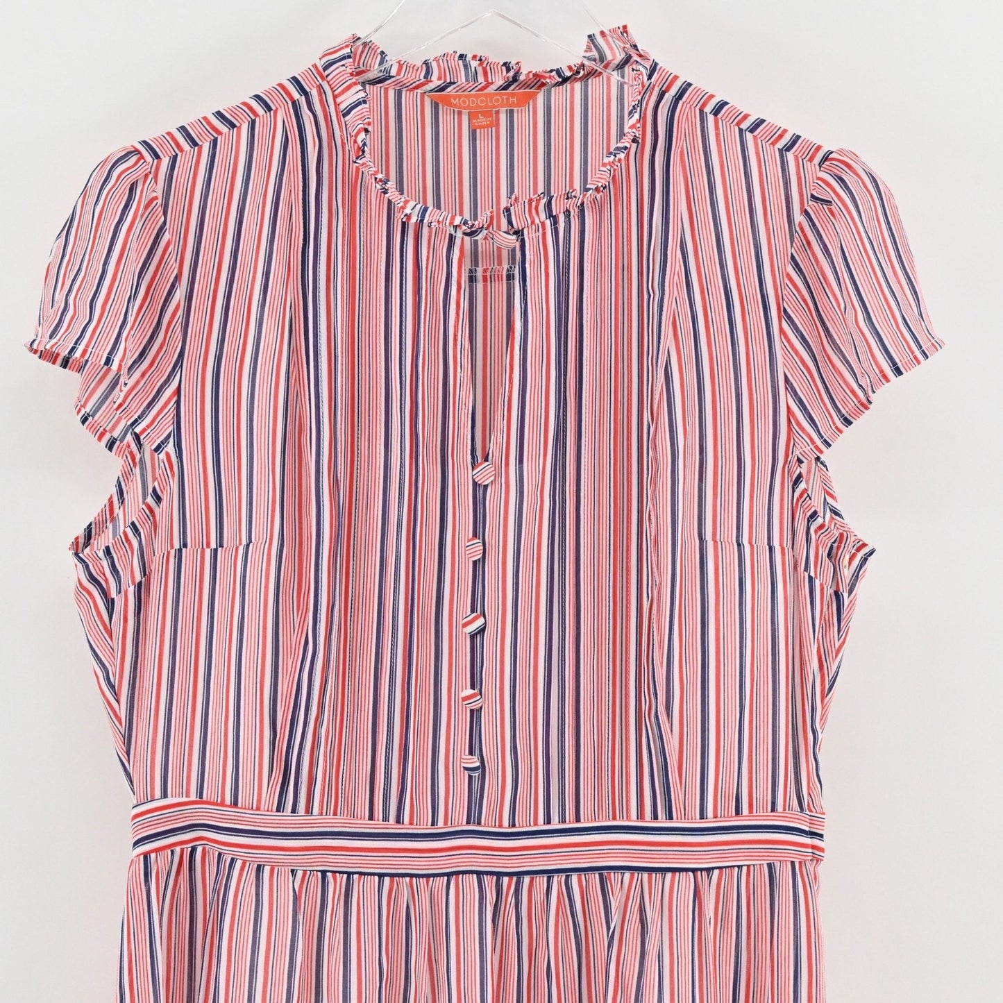 Modcloth Striped Button Front Midi Dress Size L Ruffle Nautical Retro Red Blue
