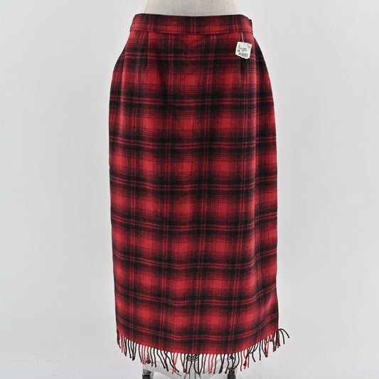 VTG Woolrich Womens Wool Plaid Skirt 16 Midi Red Black Fringe Deadstock Holiday