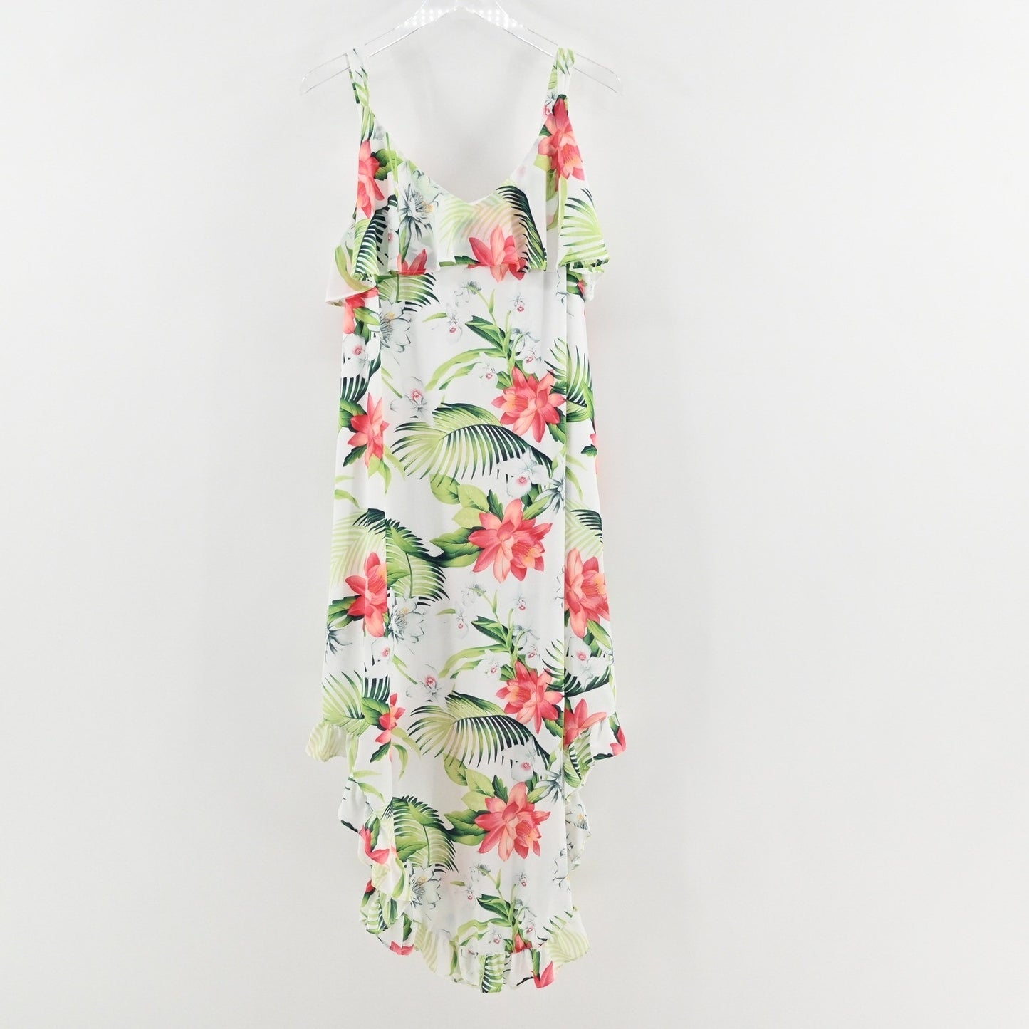 Tommy Bahama Maxi Dress L White Floral Tropical Ruffle High Low Vibrant Vacation