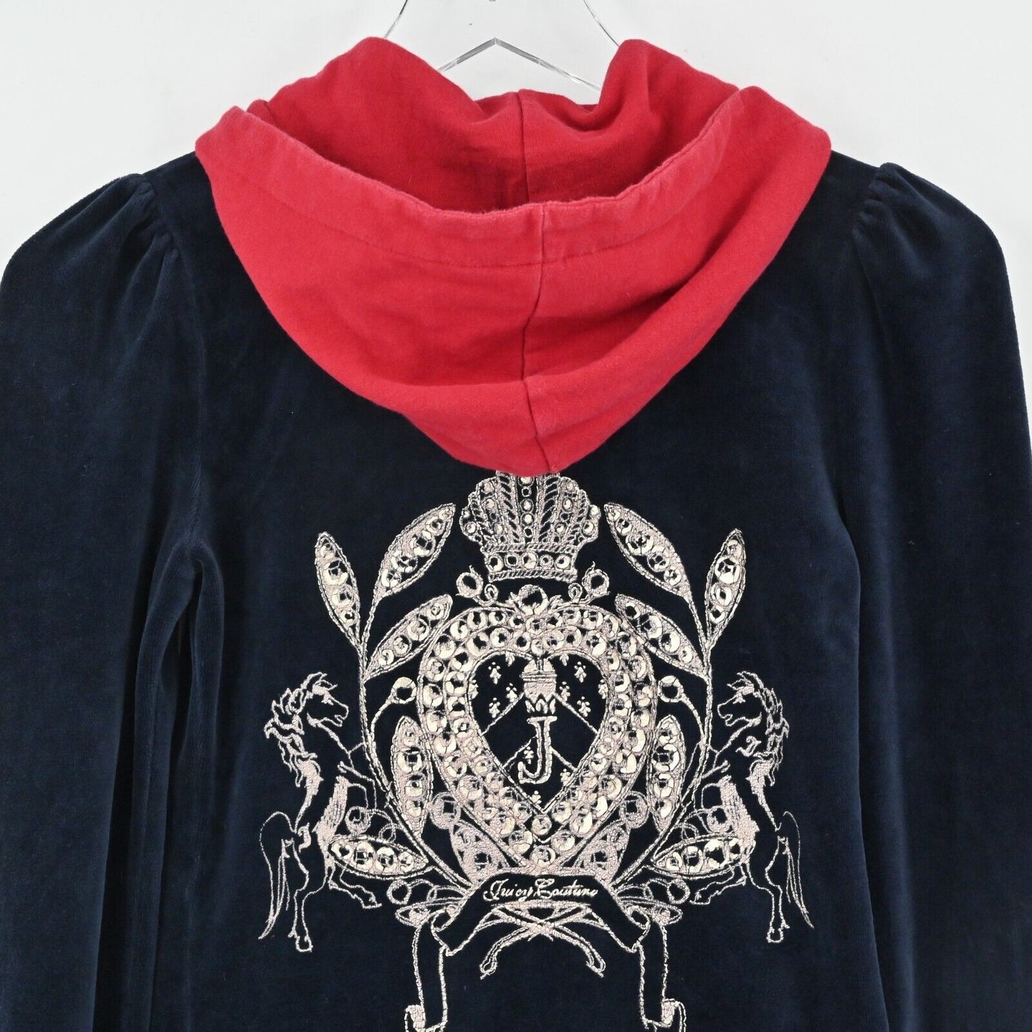 Y2k JUICY COUTURE Velour Track Jacket Womens Sz XS Navy Puff Sleeve Embroidered