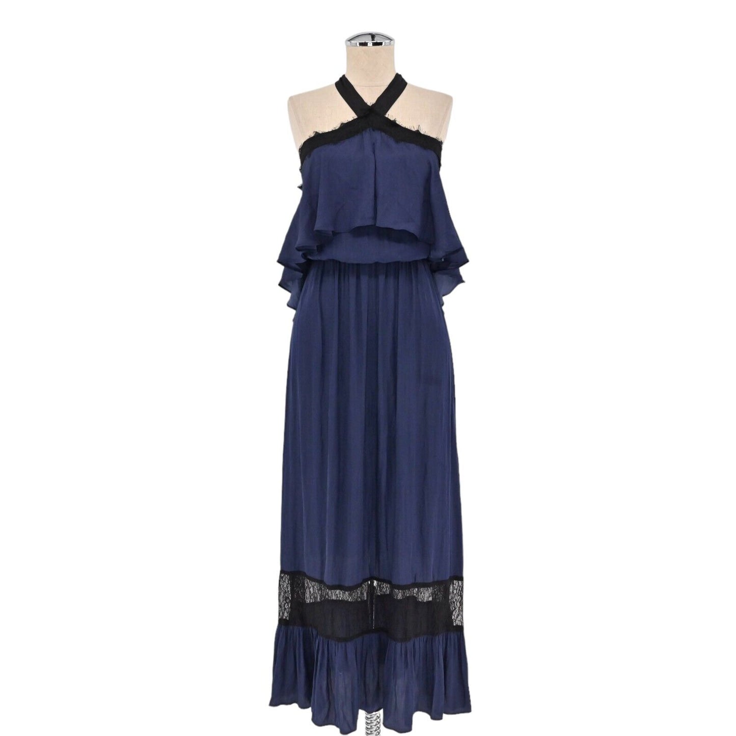 AQUA Dress Womens Sz XS Blue Midi Lace Inset Halter Open Shoulder Strappy A Line