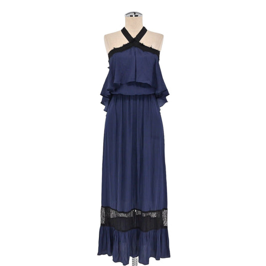 AQUA Dress Womens Sz XS Blue Midi Lace Inset Halter Open Shoulder Strappy A Line