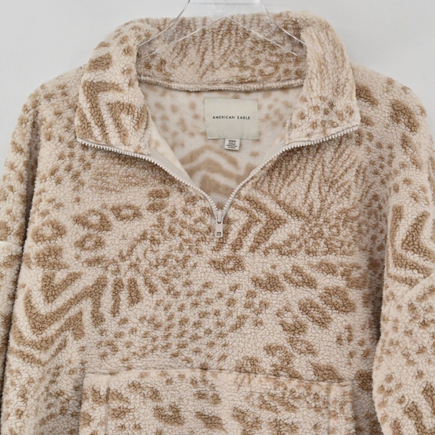 AMERICAN EAGLE Jacket Women Sz M Tan Animal Print Sherpa Fleece 1/4 Zip Pullover