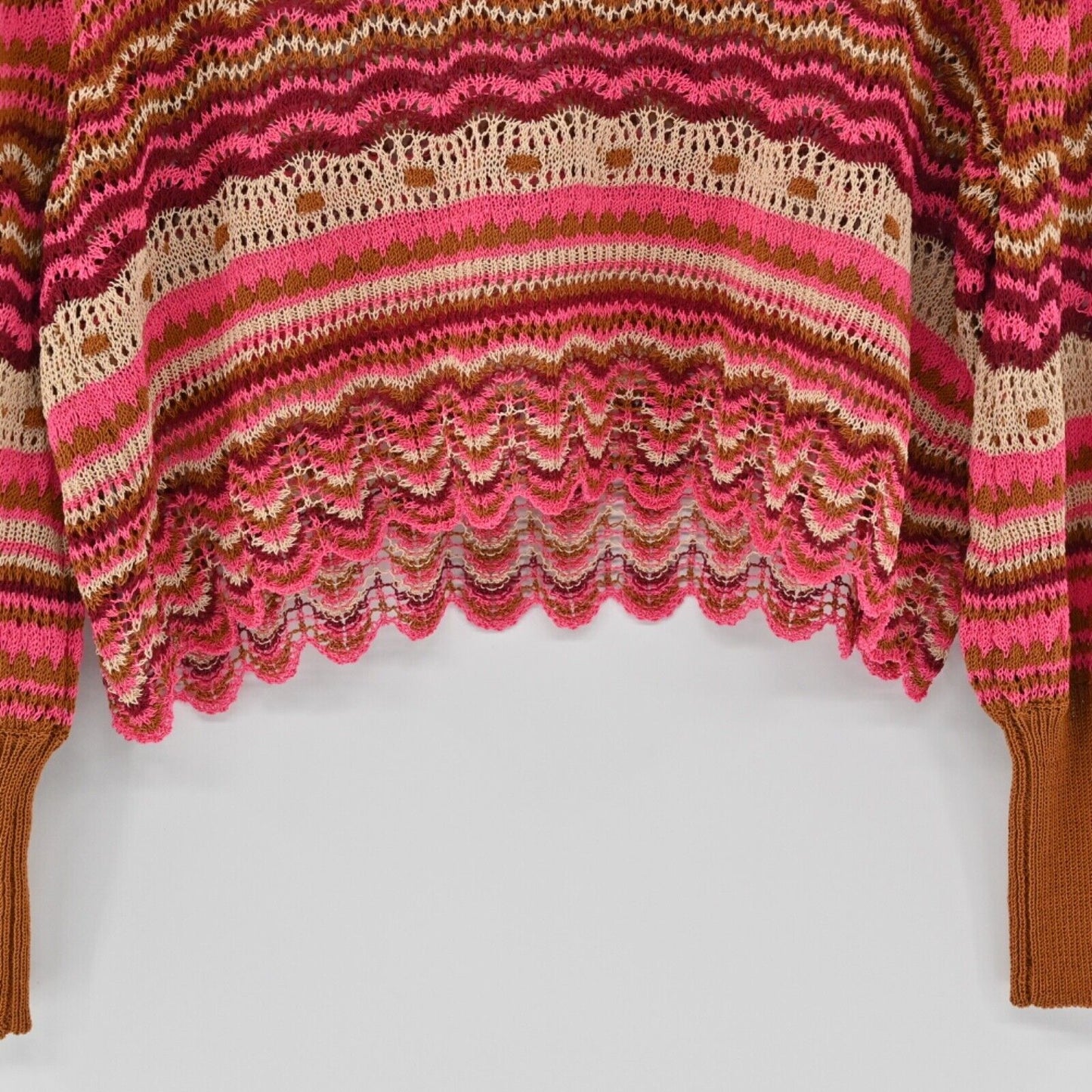 ZARA Sweater Women Sz M Pink Orange Stripe Cotton Blend Open Knit Boat Neck Boho