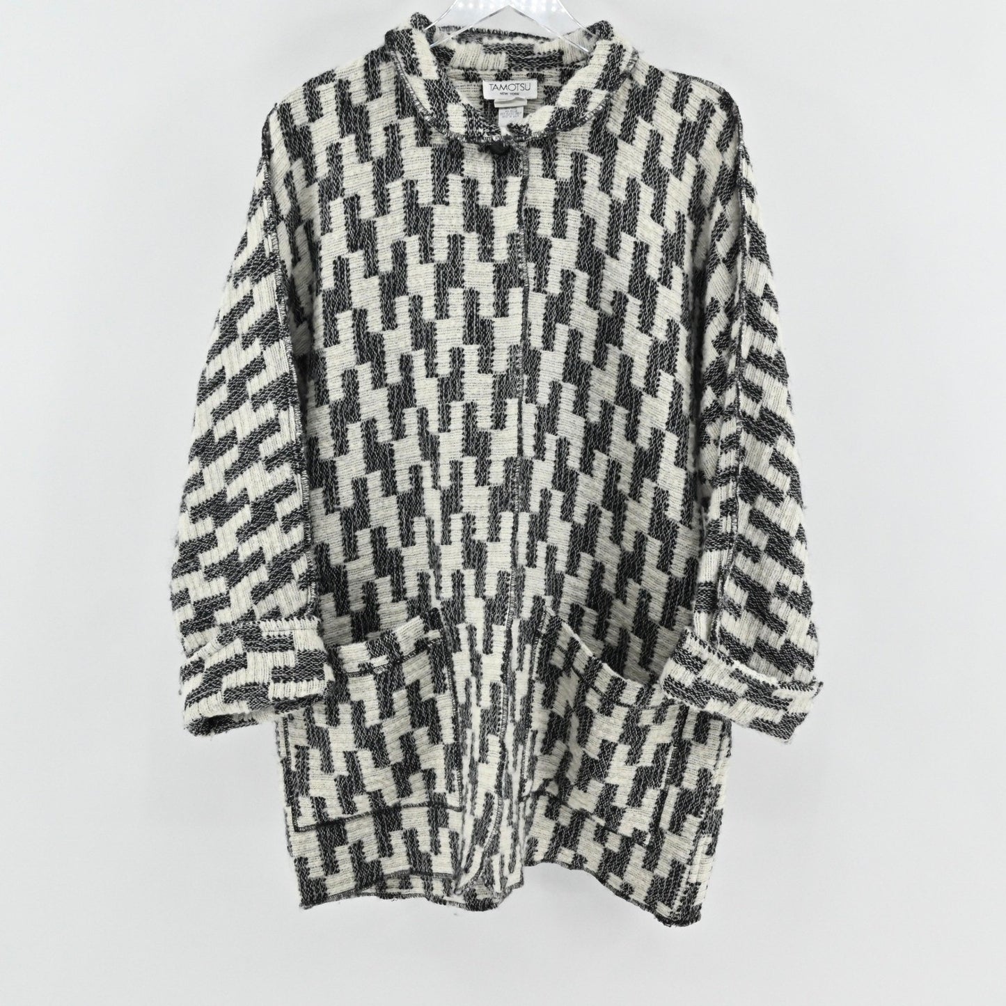 Vtg Tamotsu Womens Wool Oversized Cardigan One Size Geometric Pattern Pockets