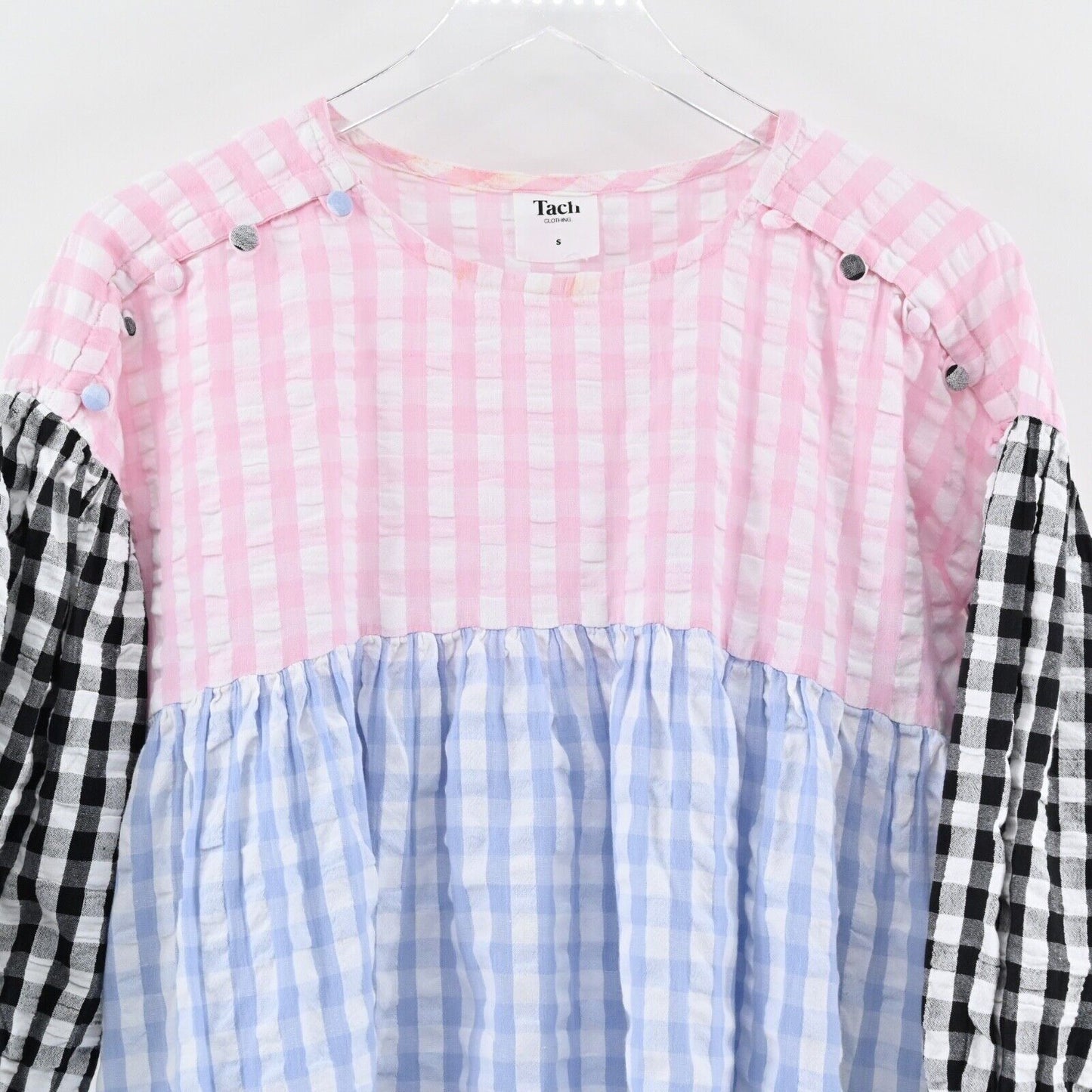 TACH Clothing Dress Sz S Catarina Babydoll Colorblock Gingham Cotton Puff Sleeve