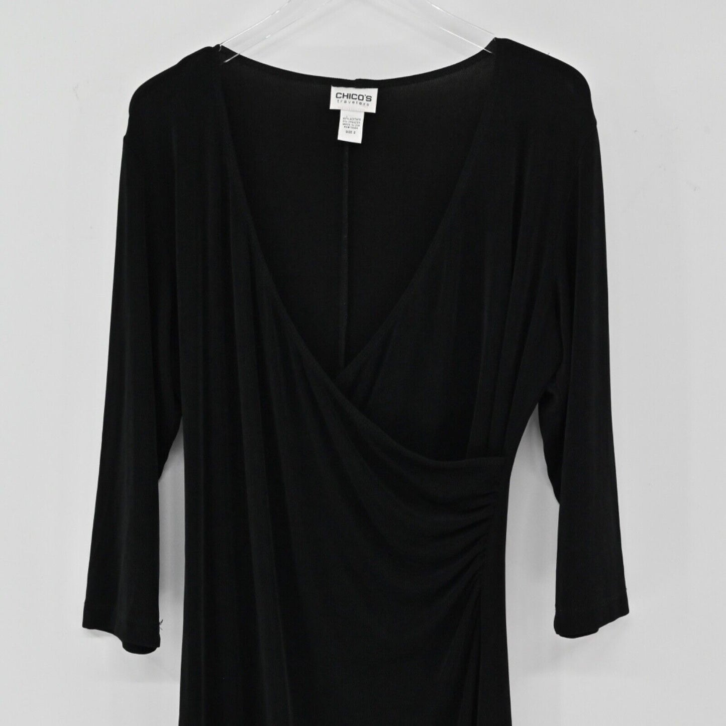 CHICOS Dress Womens Size L Black Knit Travelers Faux Wrap Long Sleeve VNeck USA