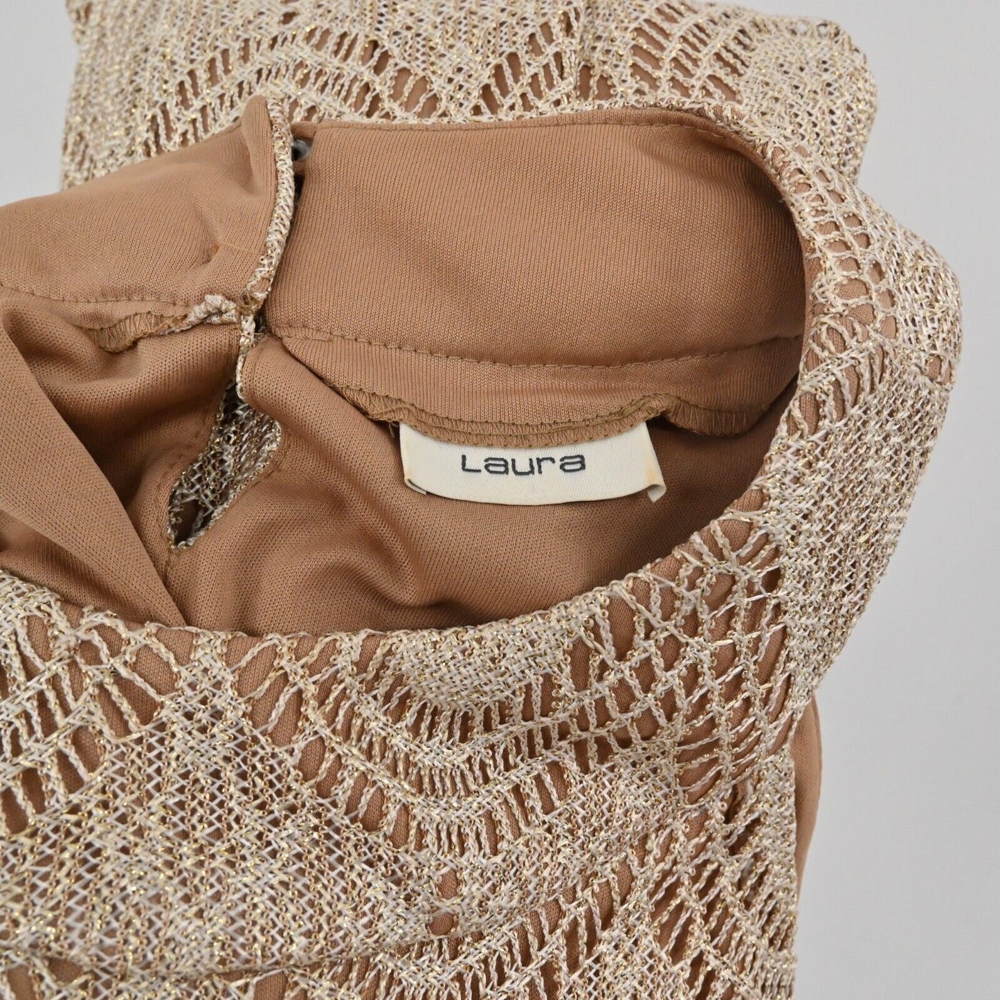 Vtg LAURA Dress Womens Size M Tan Gold Metallic Crochet Lace Fringe Halter Shift