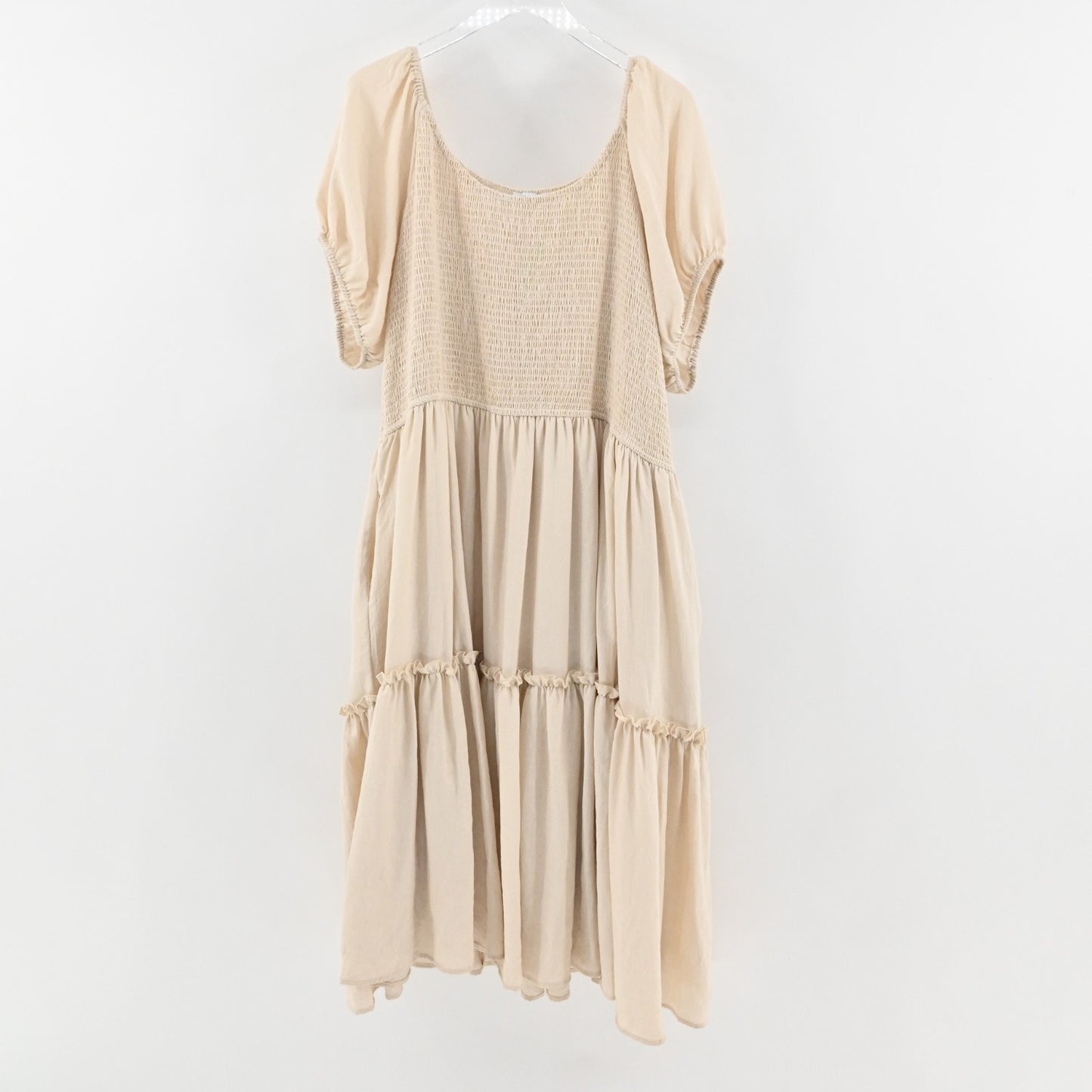 IVY CITY Co Tiered Dress Sz 3X Beige Smocked Scoop Neck Puff Sleeve Stretch Midi