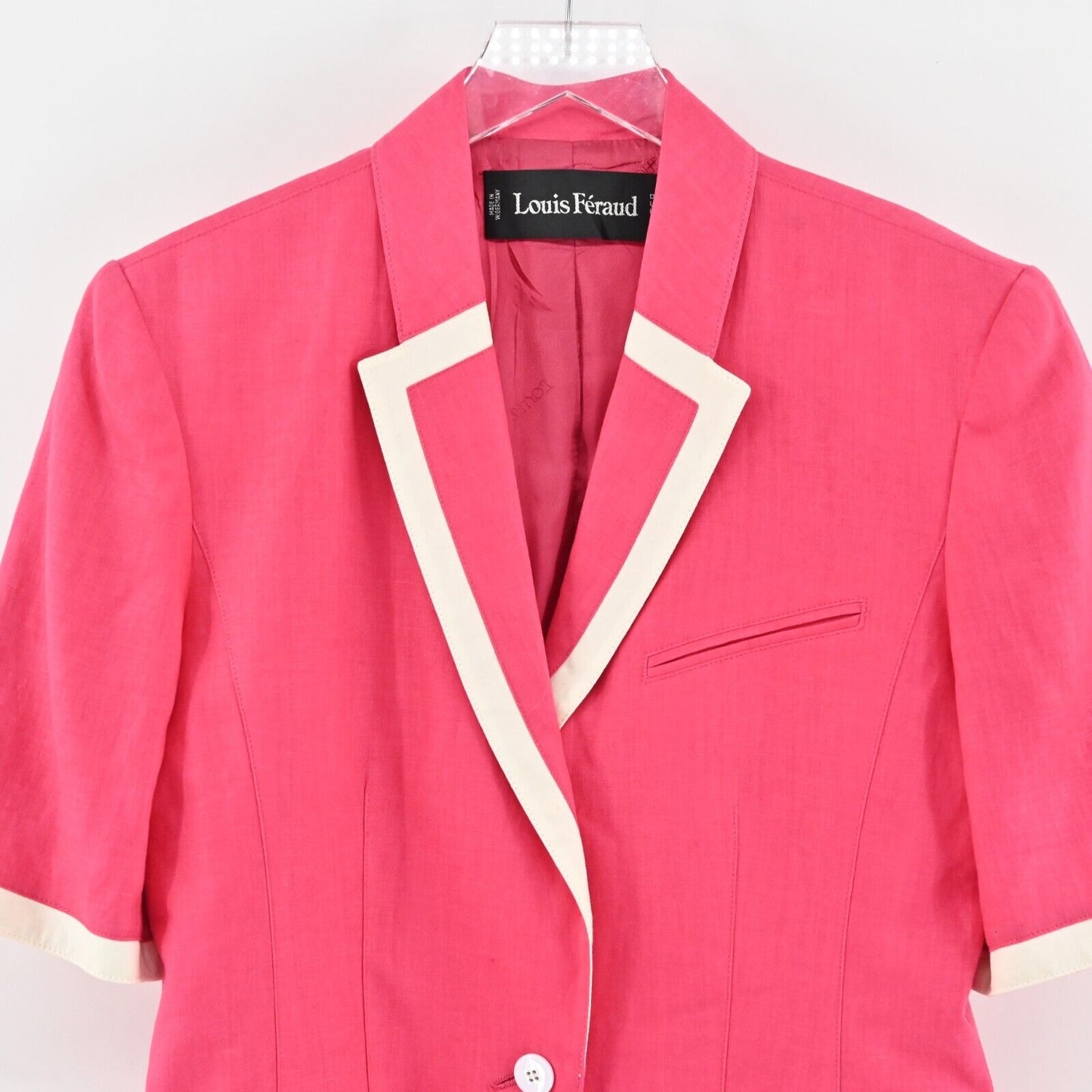 Vtg LOUIS FERAUD Blazer Womens Size 8 Pink White Trim Linen Short Sleeve Jacket