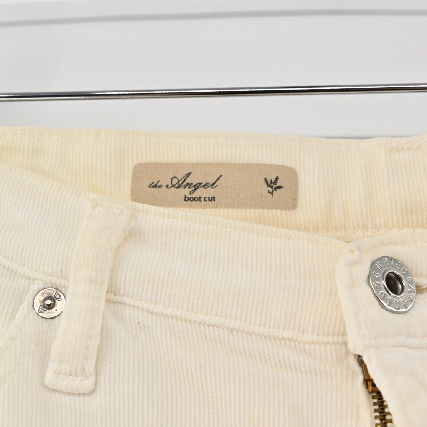 AG Pants Womens Sz 27 Ivory Corduroy The Angel Bootcut Low Rise Rhinestone Logo