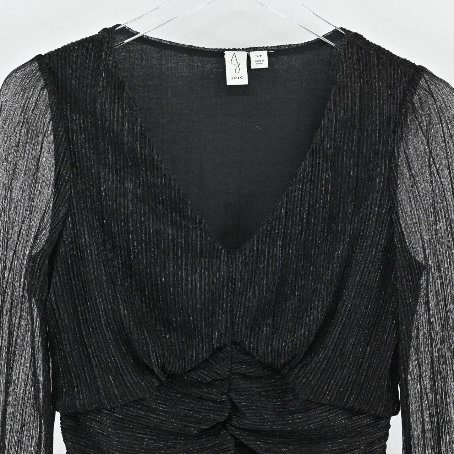 JOIE Top Womens Size S Black Metallic VNeck Gathered Blouse Semi Sheer Sleeves