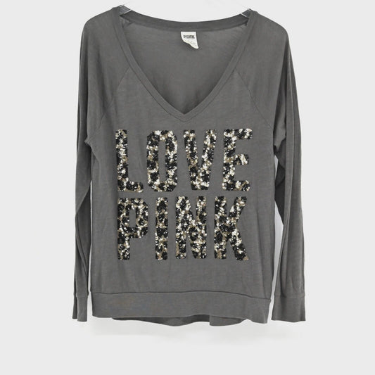 Vtg VS PINK Sequin Top Womens Sz S Y2k Love Gray Animal Print Long Sleeve V Neck