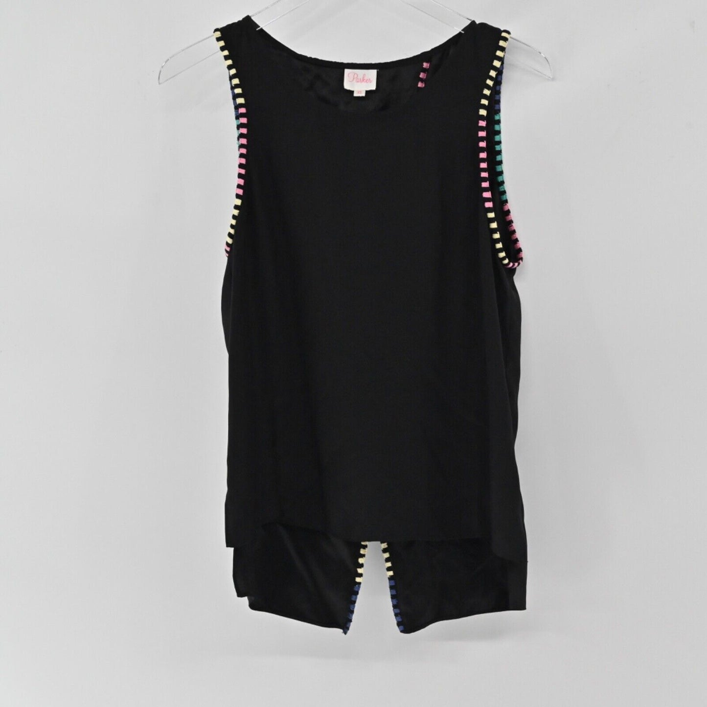 PARKER Top Womens Size XS Black Rainbow Embroidered Stripe Silk Split Back Tank
