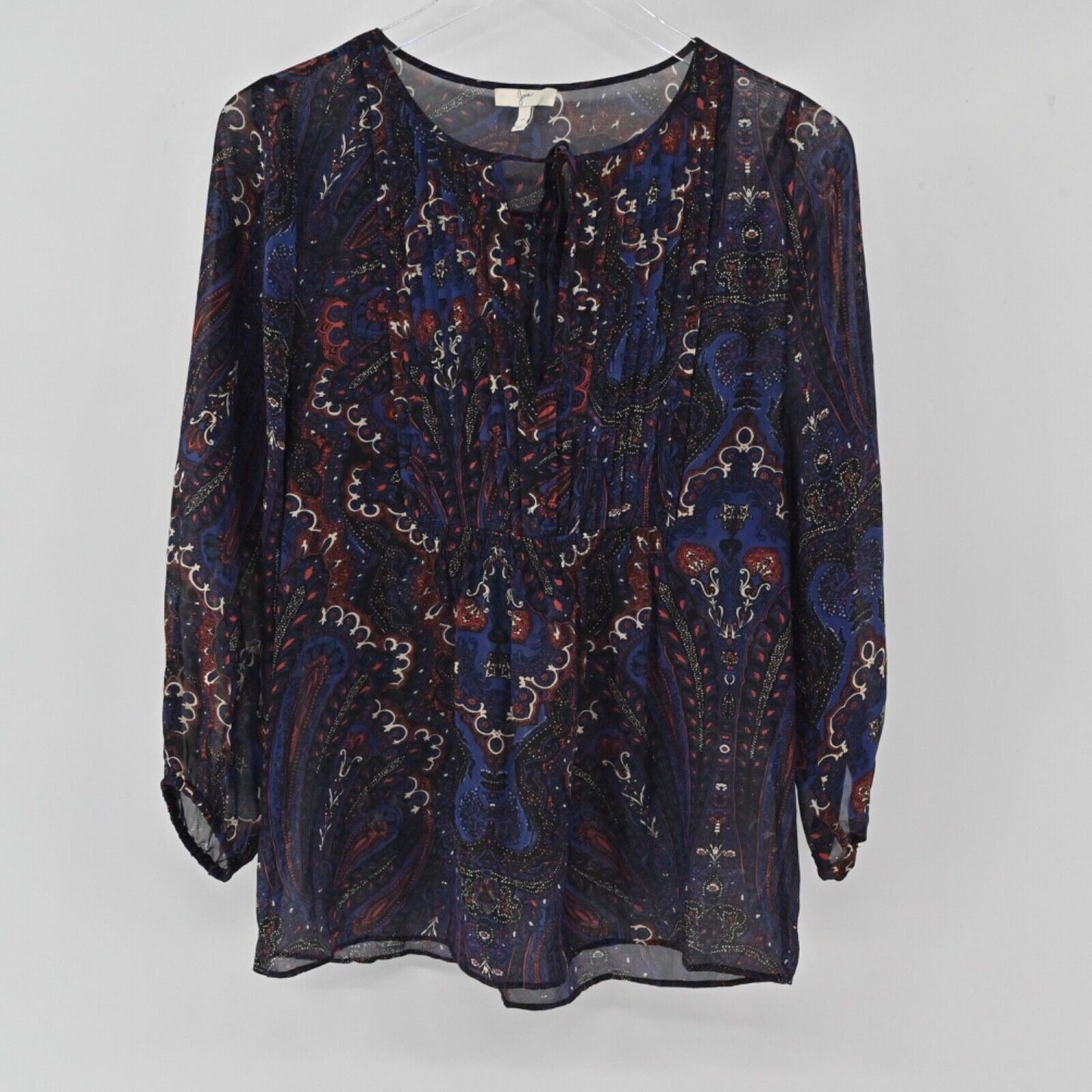 JOIE Top Womens Size XS Blue Paisley Sheer 100% Silk Chiffon Tie Neck 3/4 Sleeve