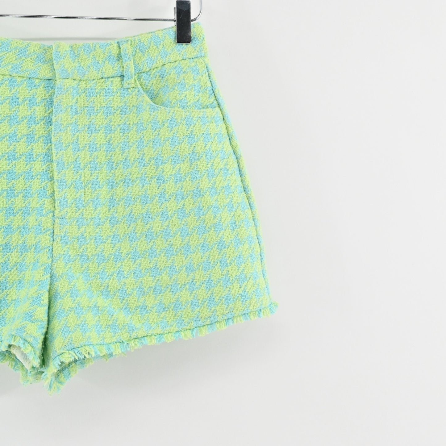 Zara Womens Houndstooth Tweed Frayed Shorts Size S Blue Green High Rise Casual