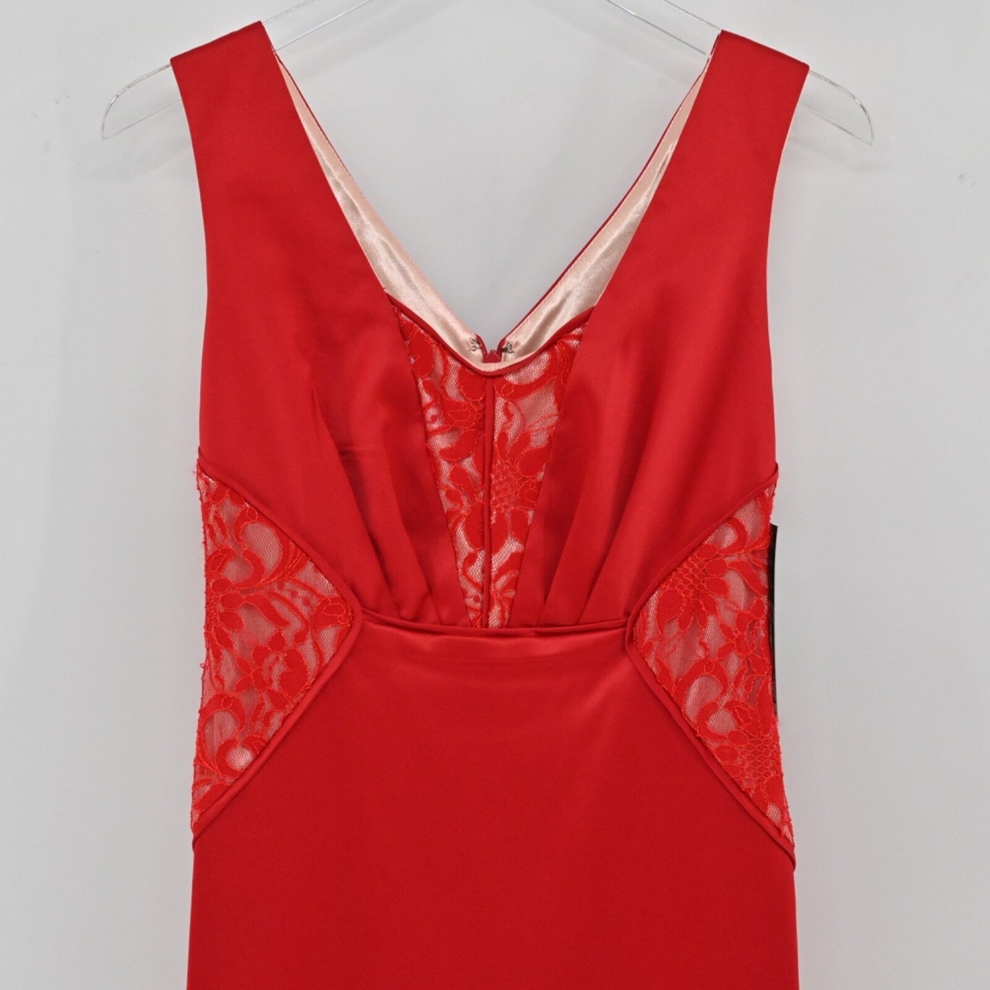 SANGRIA Womens Red Satin Dress Size 2 Lace Inlay Office Siren Cocktail Holiday
