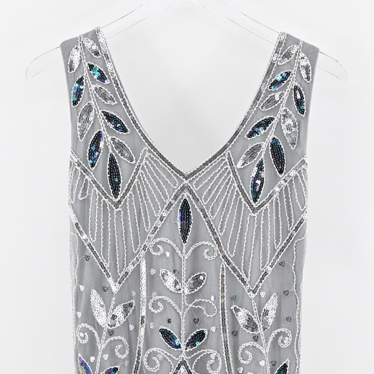 METME Dress Size S Gray Sequin Beaded V Neck Sleeveless Fringe Flapper 1920s NEW