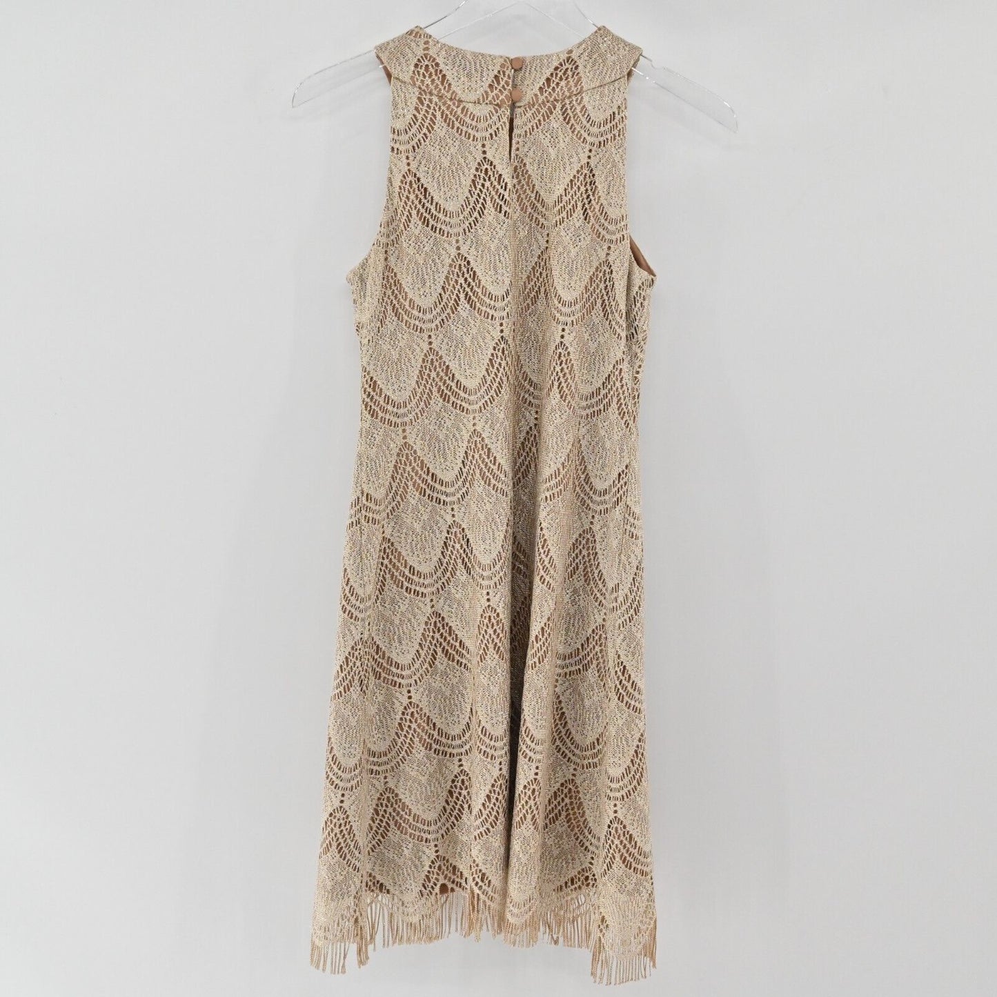 Vtg LAURA Dress Womens Size M Tan Gold Metallic Crochet Lace Fringe Halter Shift