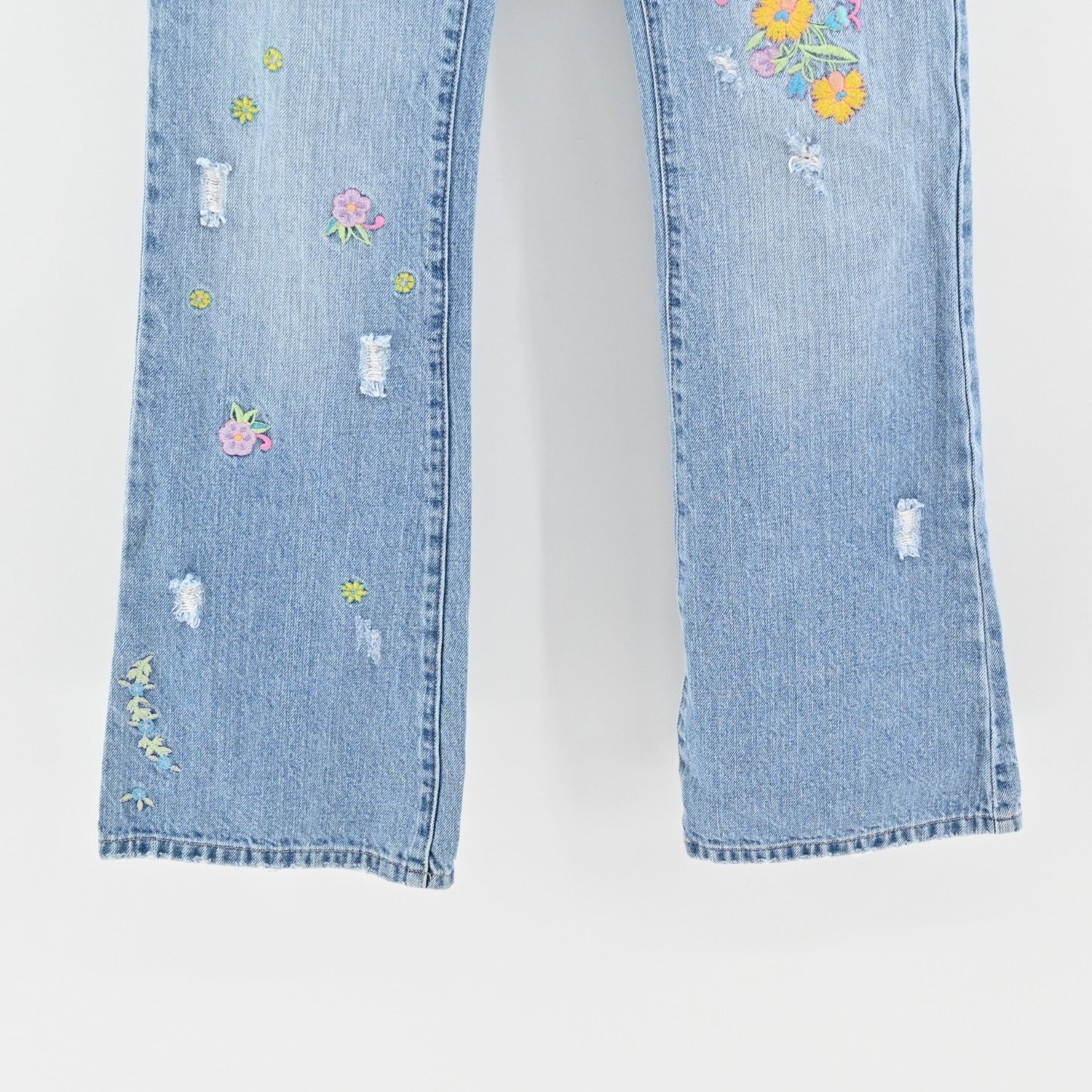 Vtg Embroidered Jeans Sz 5 Low Rise Flare Distressed Y2k Floral Paisley Festival