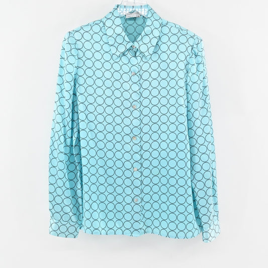 Vtg MAGGY LONDON Blue Silk Top Womens Size 10 Button Circle Blouse Classic Retro