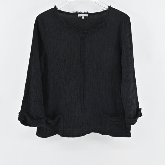 HABITAT Top Womens Sz S Black Center Seam Cotton Raw Hem Gauze Fabric Lagenlook