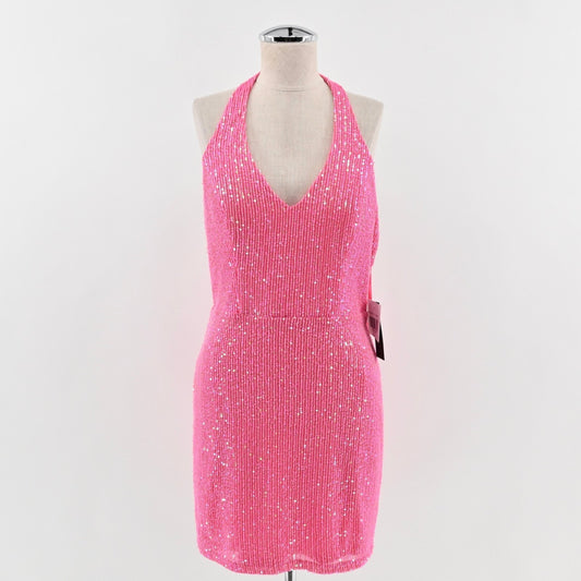 City Vibe Pink Sequin Dress Size 11 Sleeveless VNeck Mini Halter Sexy Barbie NEW