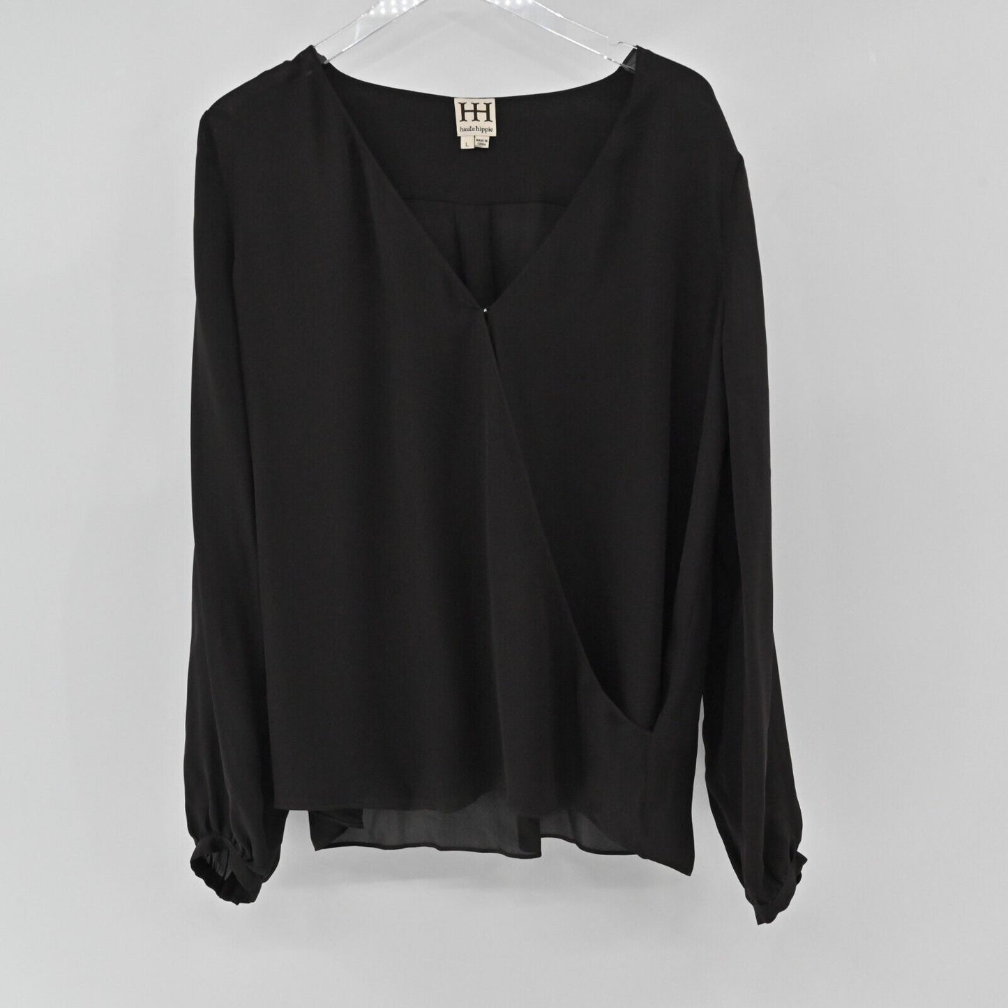 HAUTE HIPPIE Top Womens Size L Long Sleeve Silk Black Wrap Front V Neck Blouse