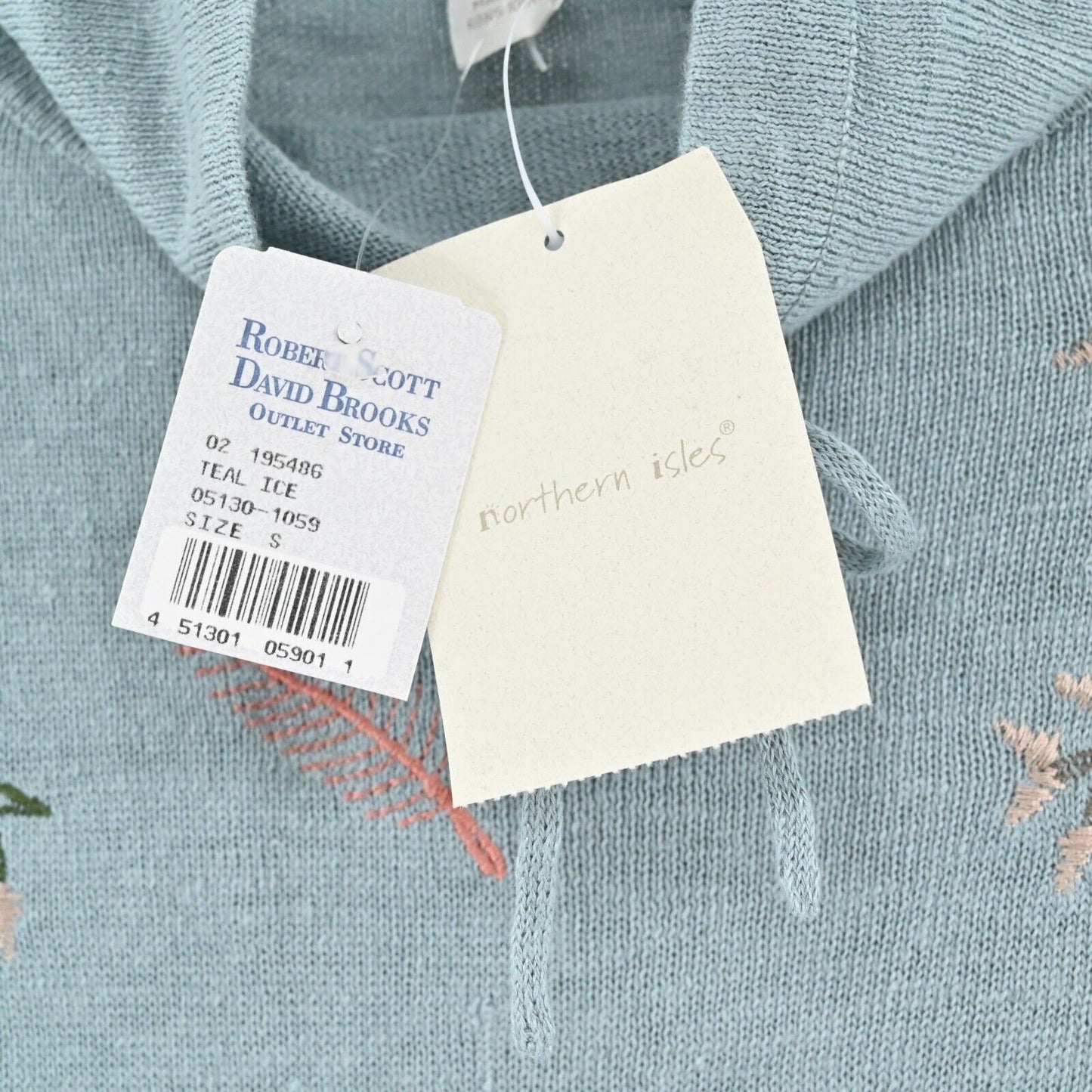 NORTHERN ISLES Sweater Womens Size S Embroidered Linen Teal Ice Funnel Neck NEW