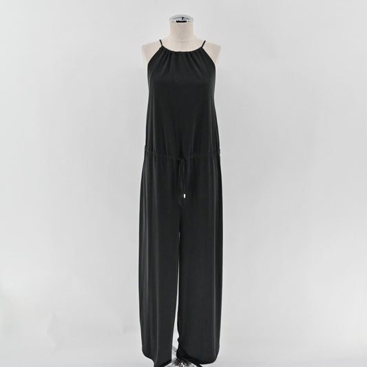 GOTTEX Jumpsuit Womens Sz L Dark Gray Wide Leg Sleeveless Athleisure Drawstring