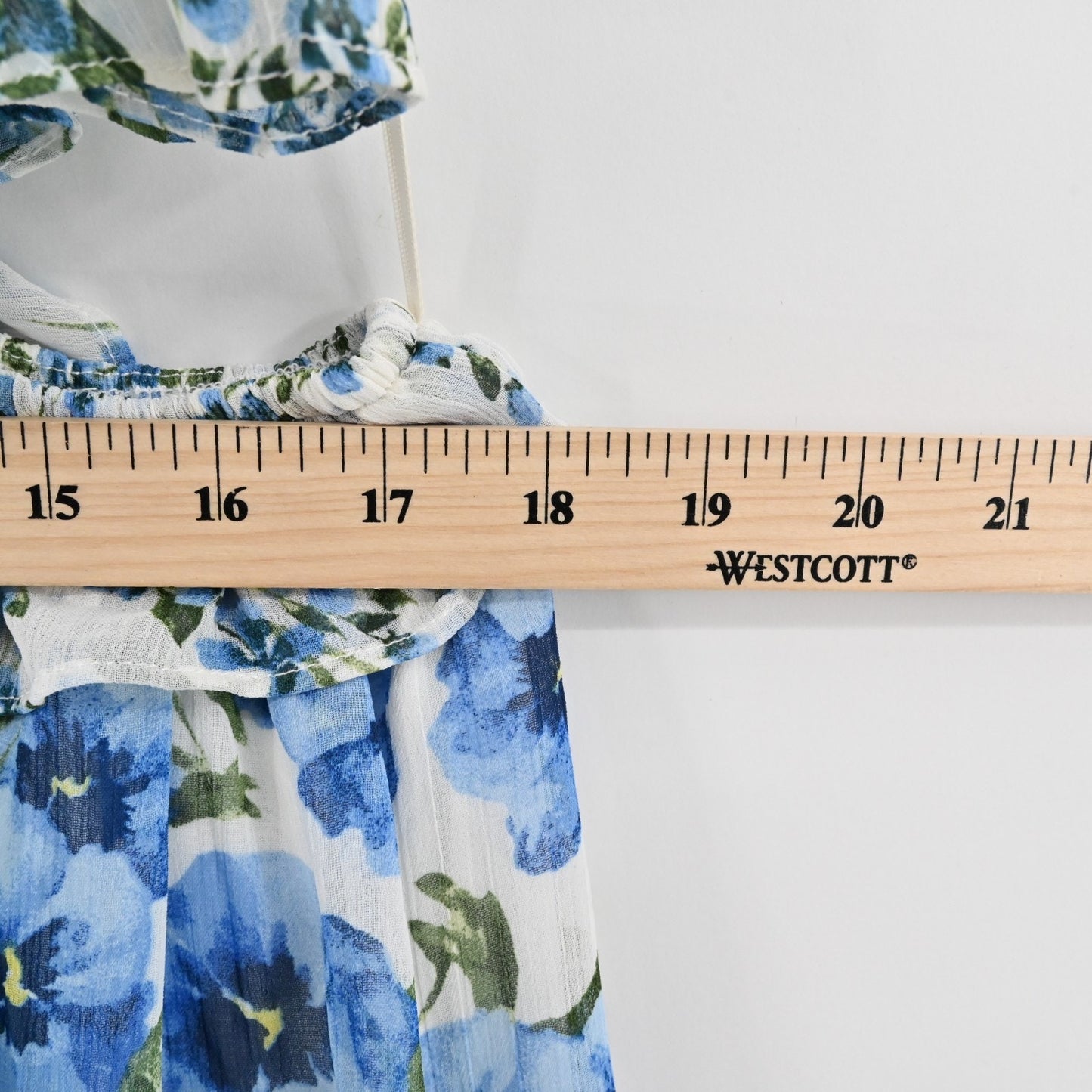 Moon River Ruffled Floral Print Maxi Dress Size L Blue Multi Sleeveless Cut Out