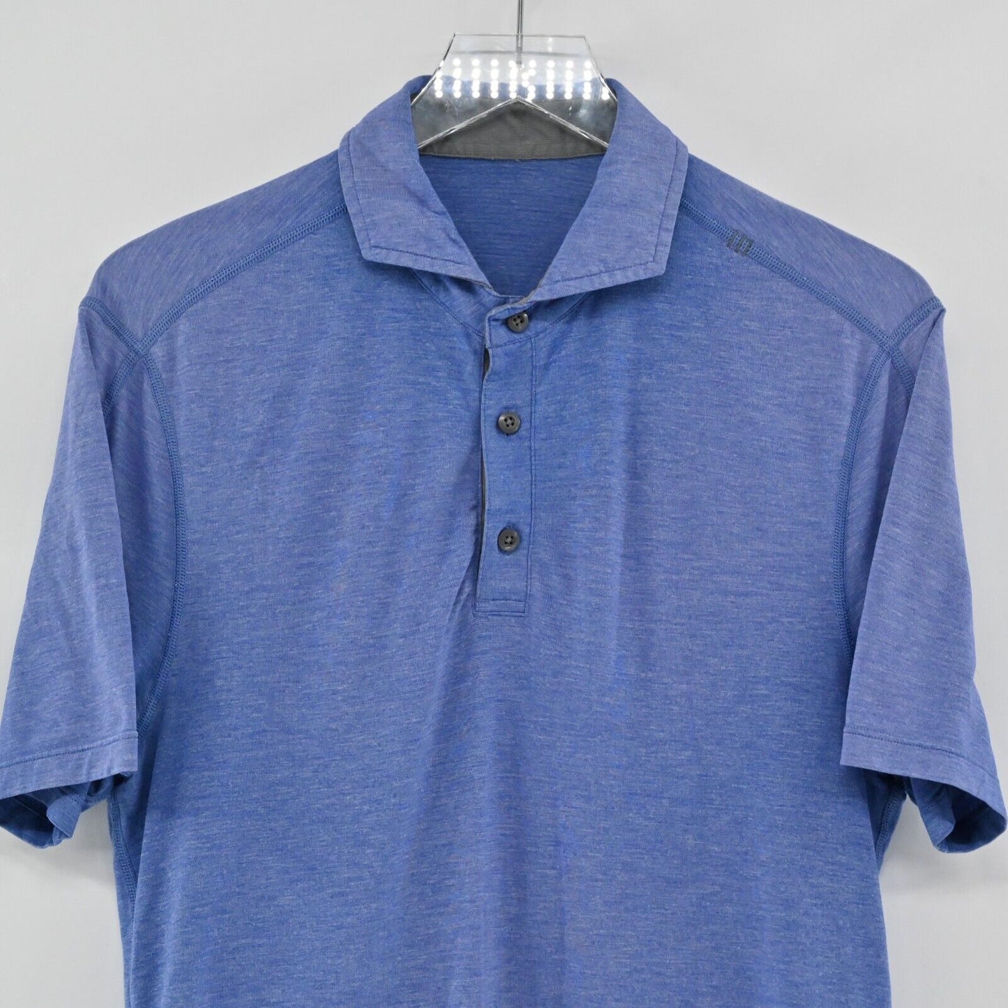 LULULEMON Polo Mens Size L Casual Heathered Blue Short Sleeve Shirt Collar Logo