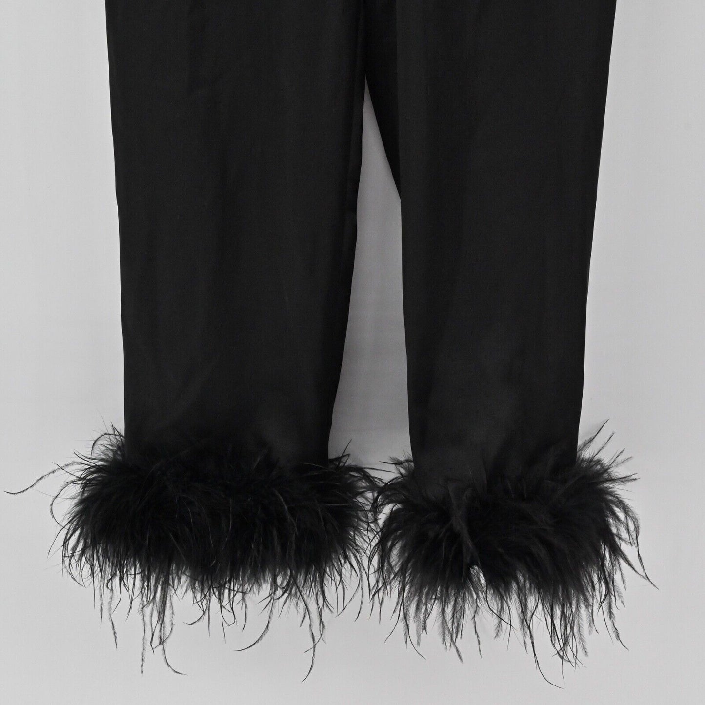 NADINE MERABI Pants Women Sz 2 Black Satin Feather Cuff Darcie Pajama Retro Glam