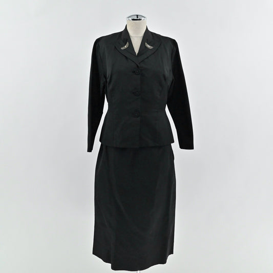 True Vintage 60s Black Skirt Suit Set Size S Blazer Pencil Secretary Movie Prop
