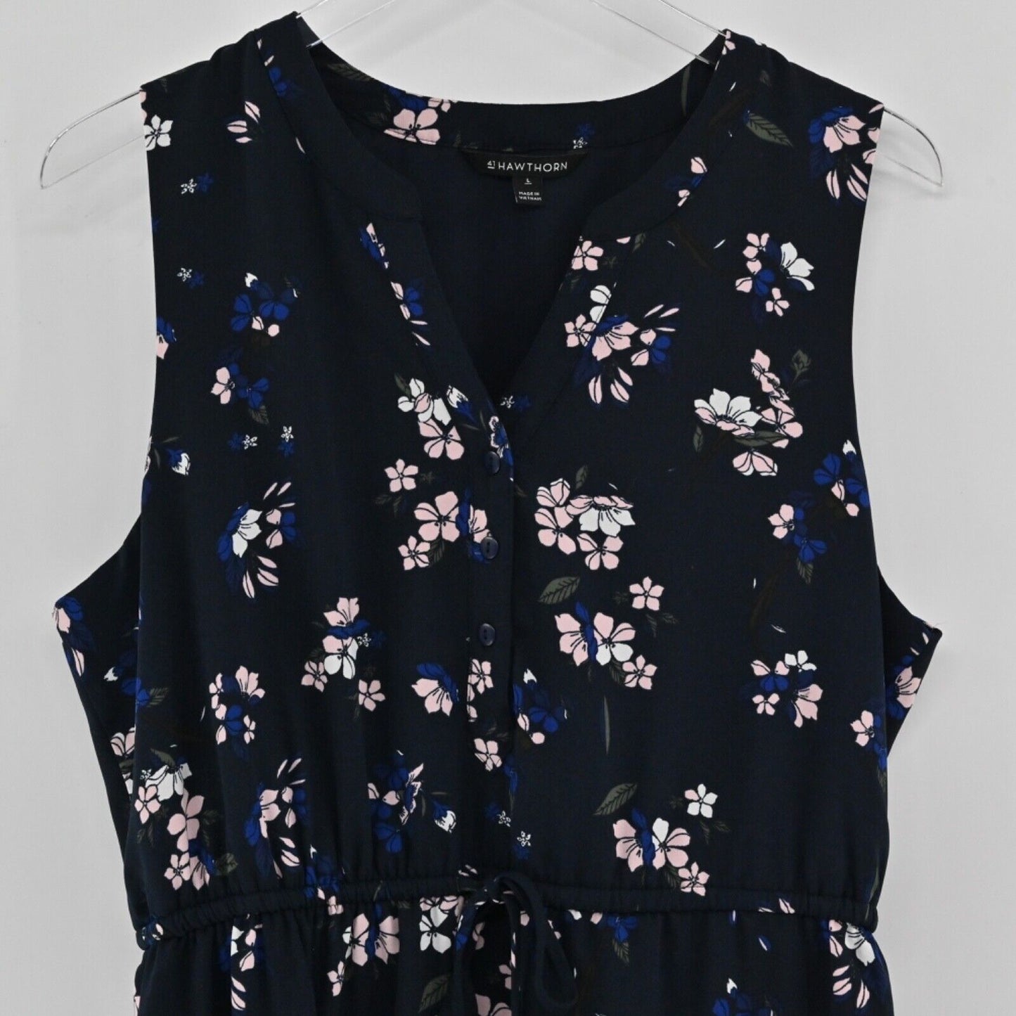 41 HAWTHORN Dress Womens Sz L Navy Blue Floral Sleeveless Tie Waist Claira Shirt