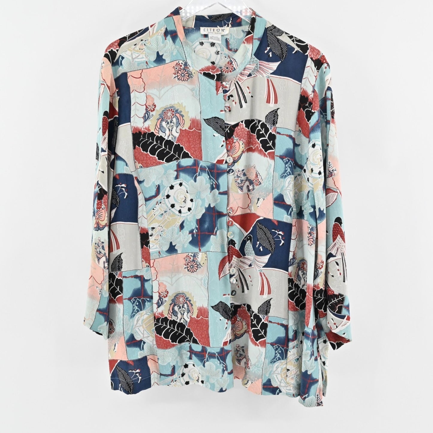 CITRON Santa Monica Womens Silk Top Size XXL Art to Wear Asian Bird Fish Button