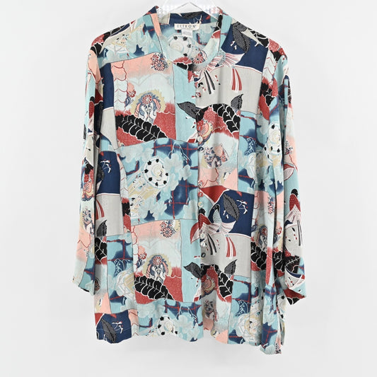 CITRON Santa Monica Womens Silk Top Size XXL Art to Wear Asian Bird Fish Button