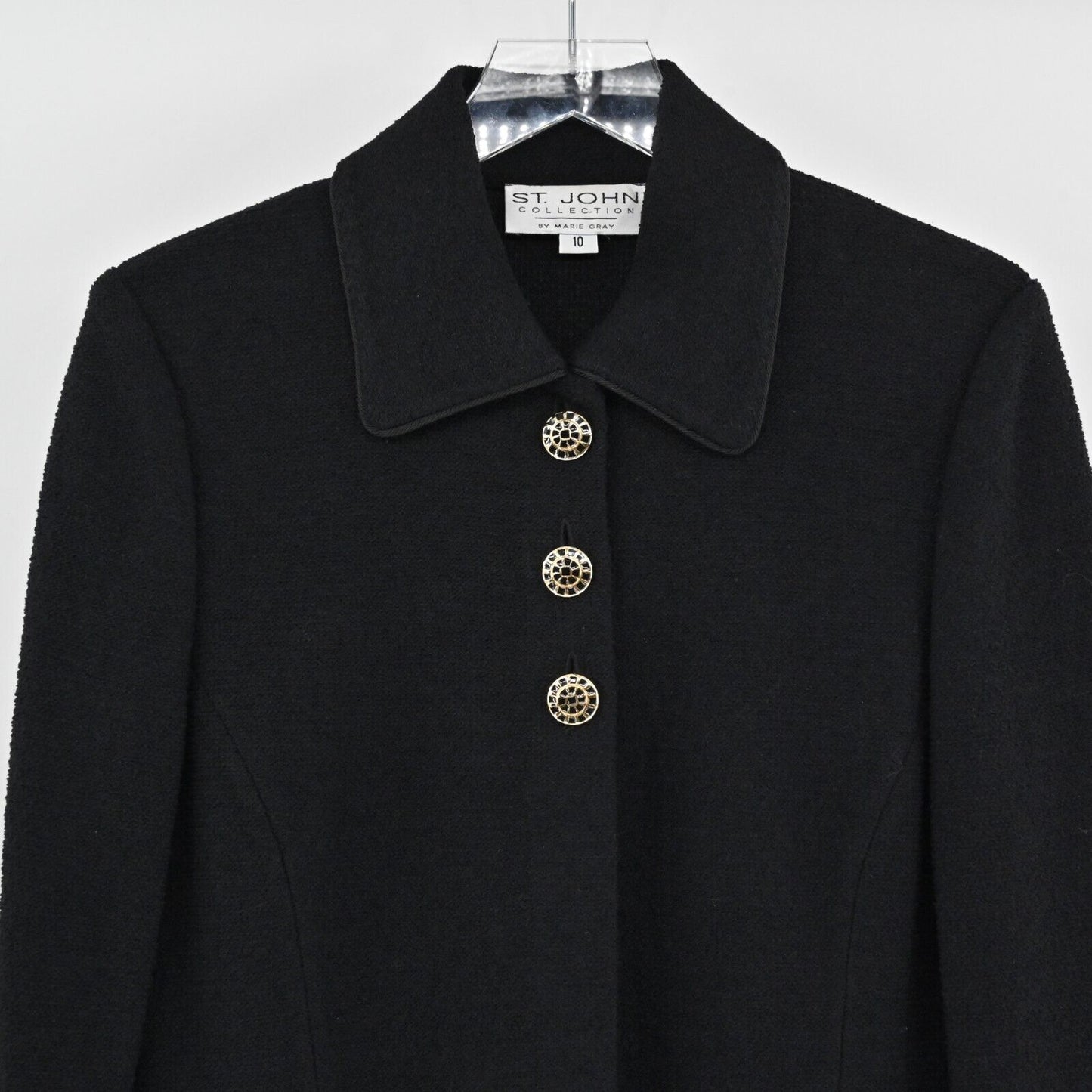 ST JOHN Jacket Womens Sz 10 Collection Santana Knit Black Gold Buttons Dog Show