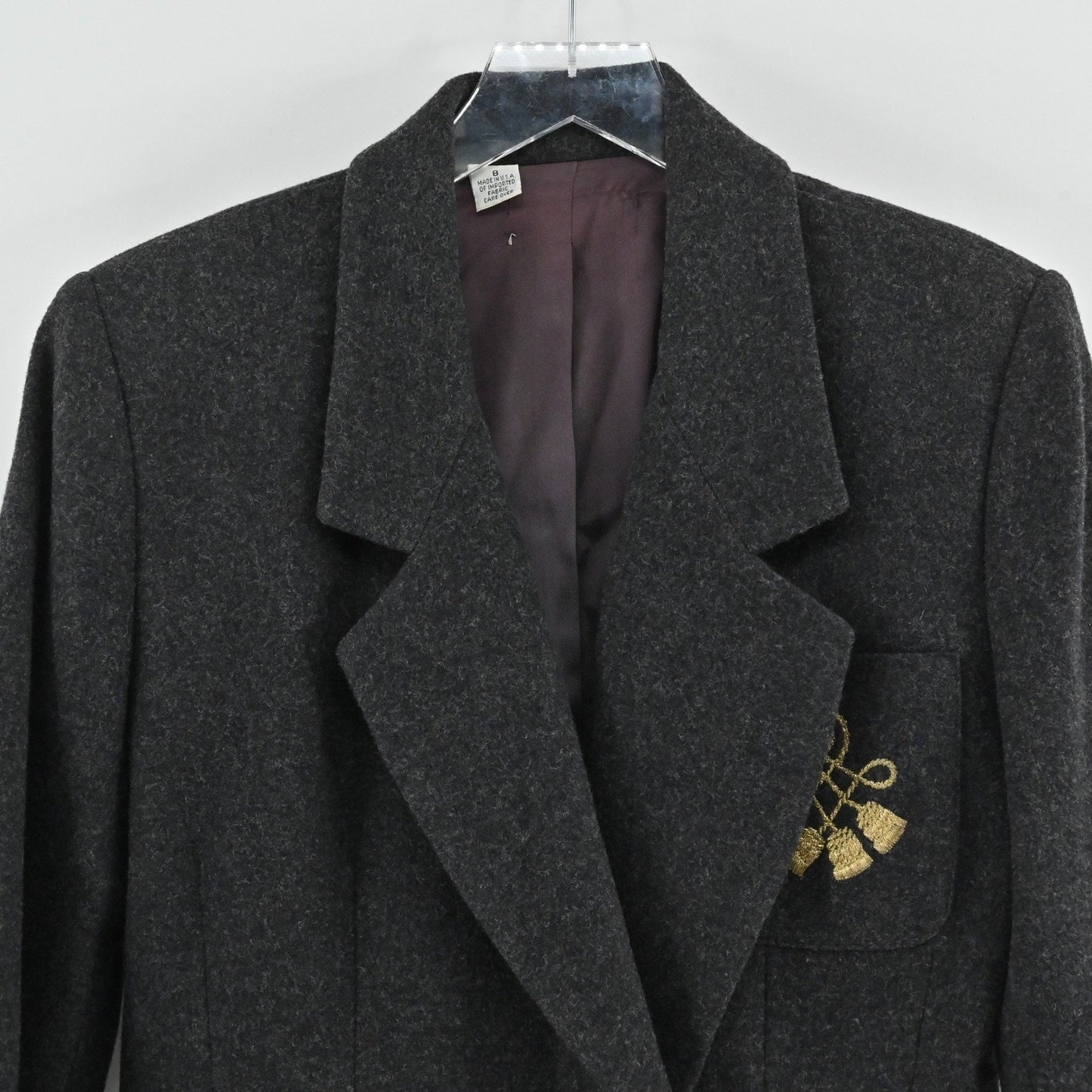 Vtg 80s Womens Wool Patch Blazer Size 8 Gray Gold Tassel Academia USA Jacket