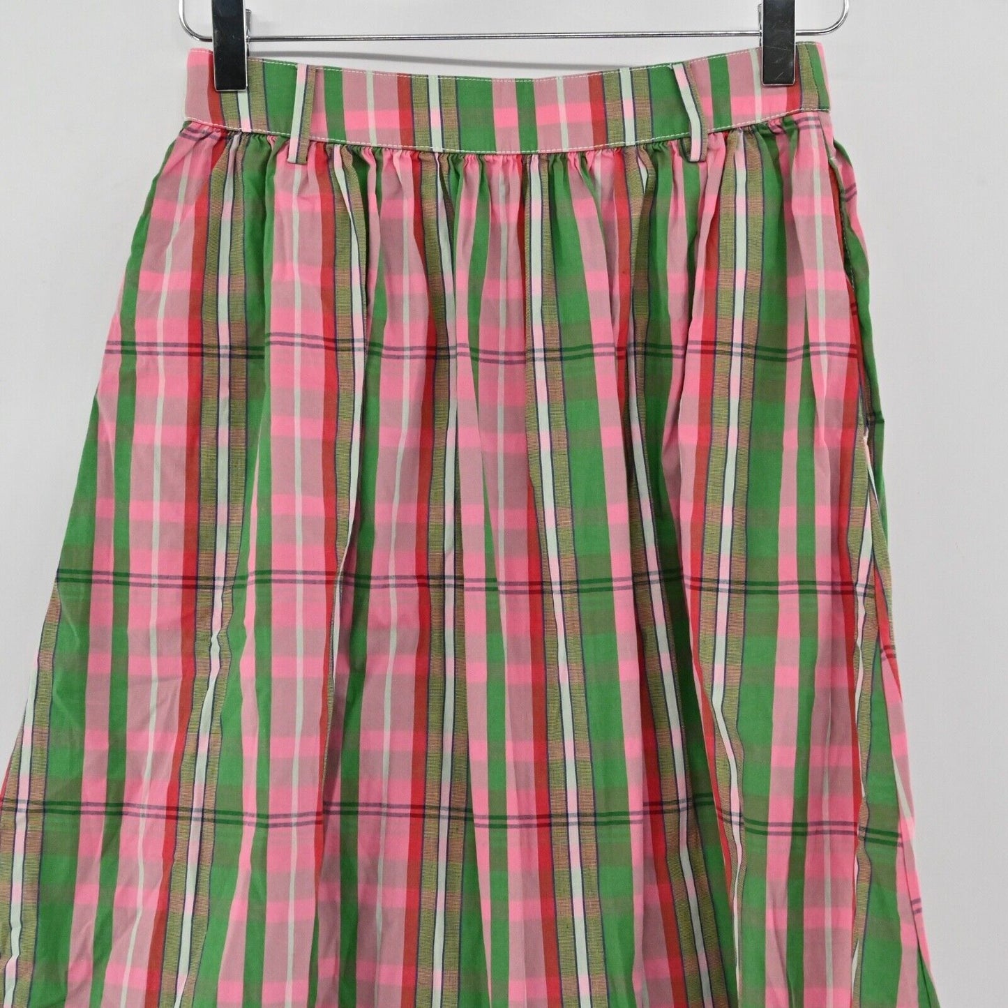 J CREW Skirt Sz 00 Pink Green Plaid Organic Cotton Blend Button Front Midi Retro