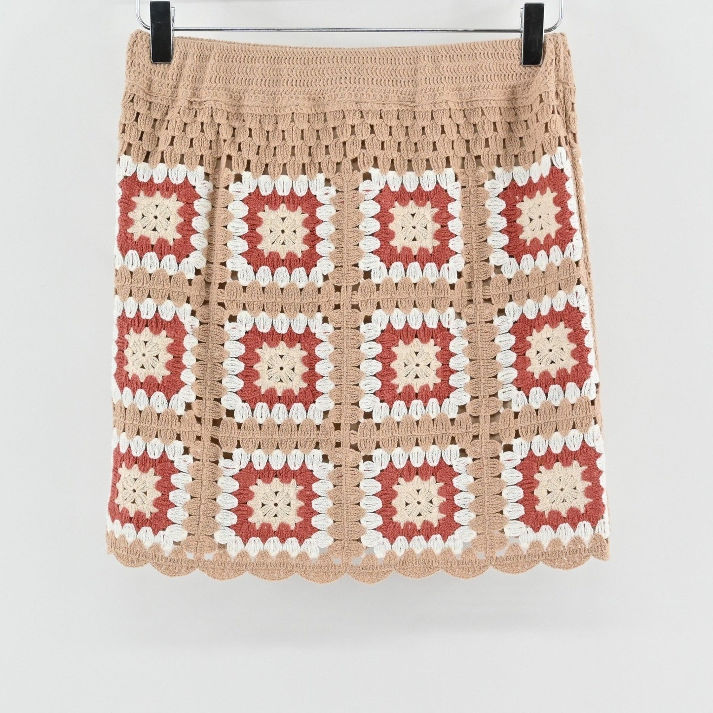 Lulus Womens Granny Squares Crochet Mini Skirt Size S Tan Boho Festival Lined