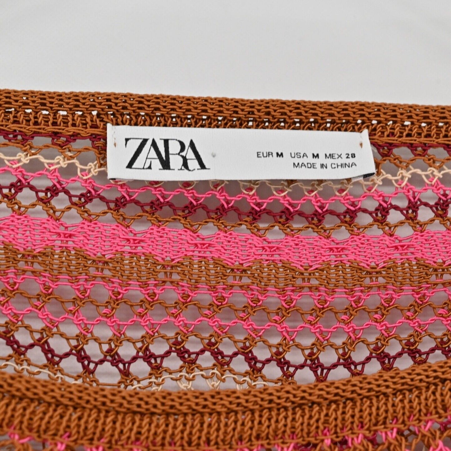 ZARA Sweater Women Sz M Pink Orange Stripe Cotton Blend Open Knit Boat Neck Boho