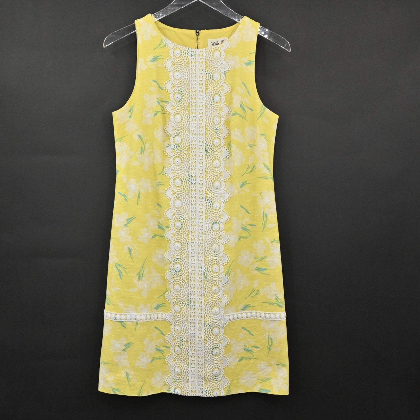 ELIZA J Yellow Shift Dress Size 6 Sleeveless White Lace Trim Floral Print Preppy
