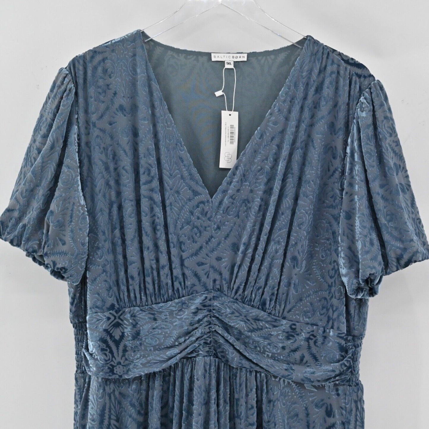 BALTIC BORN Dress Womens Sz 1XL Leslie Maxi Blue Embossed Velvet Puff Sleeve NEW