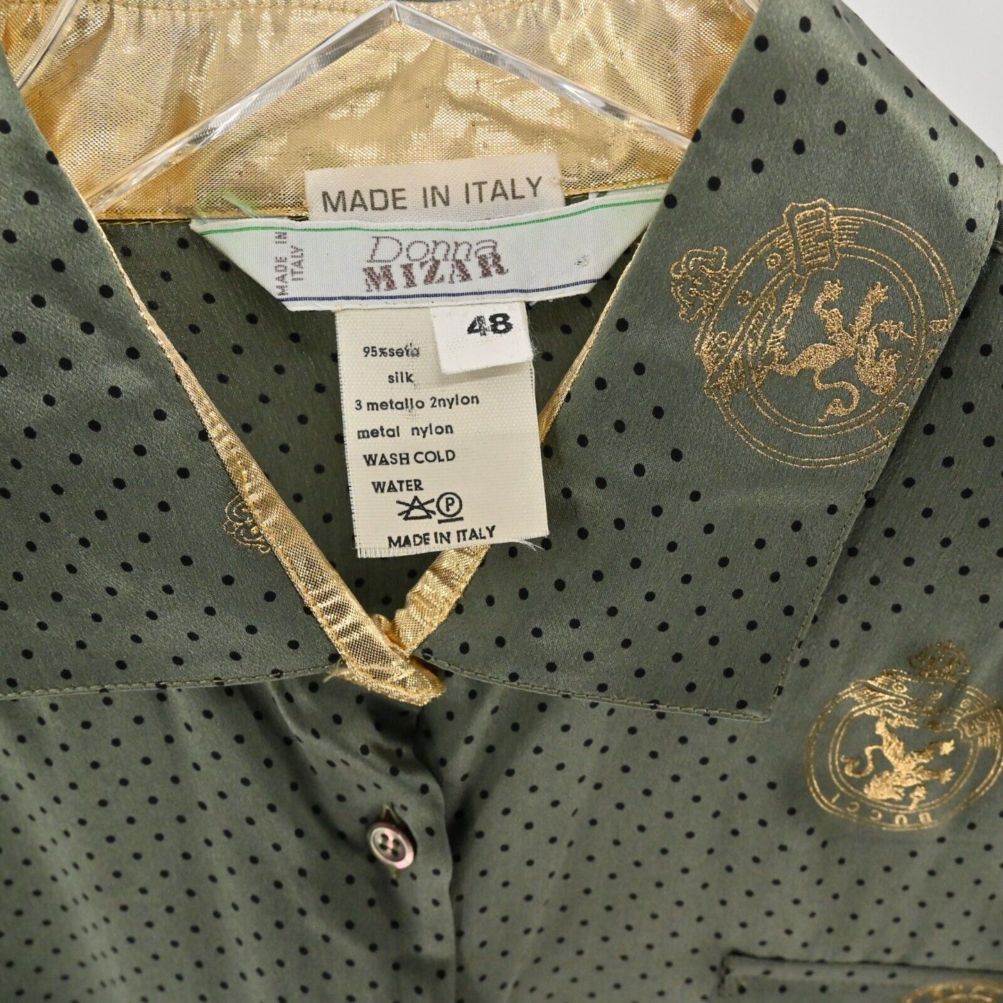 Vtg DONNA MIZAR Top Womens Sz US 12 Silk Long Sleeve Button Lion Motif Italy 80s
