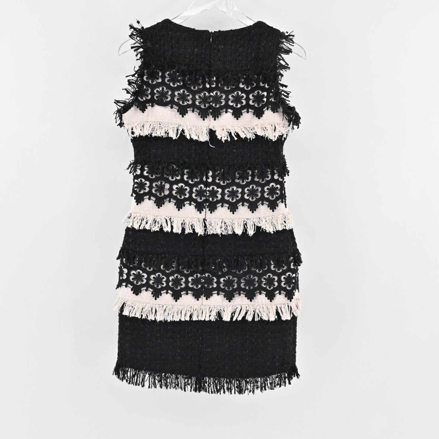 BOSTON PROPER Tweed Dress Size 2 Color Block Sleeveless Floral Fringe Mini Retro