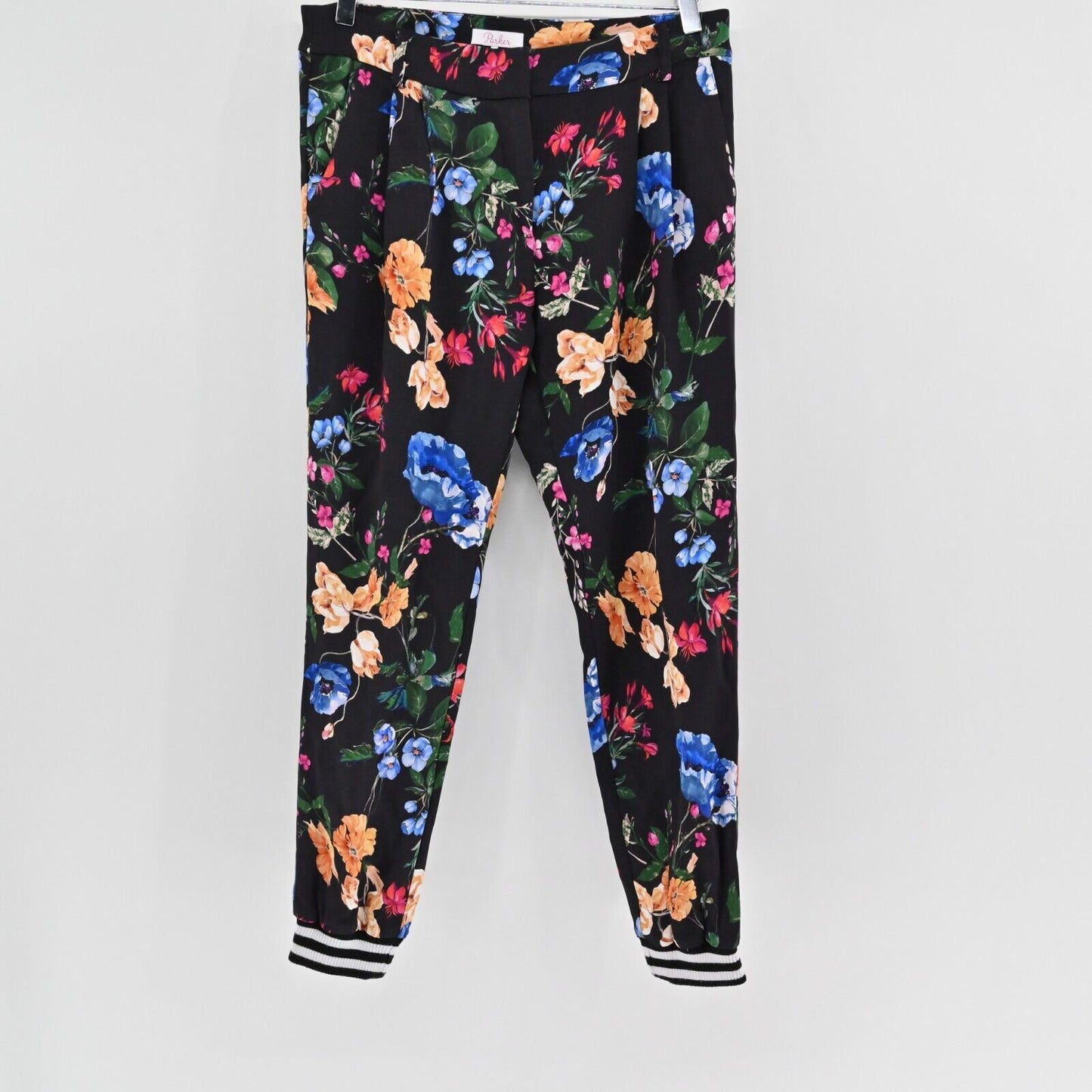 PARKER Pants Womens Sz 4 Black Multi Sotero Floral Print Striped Joggers Pleated
