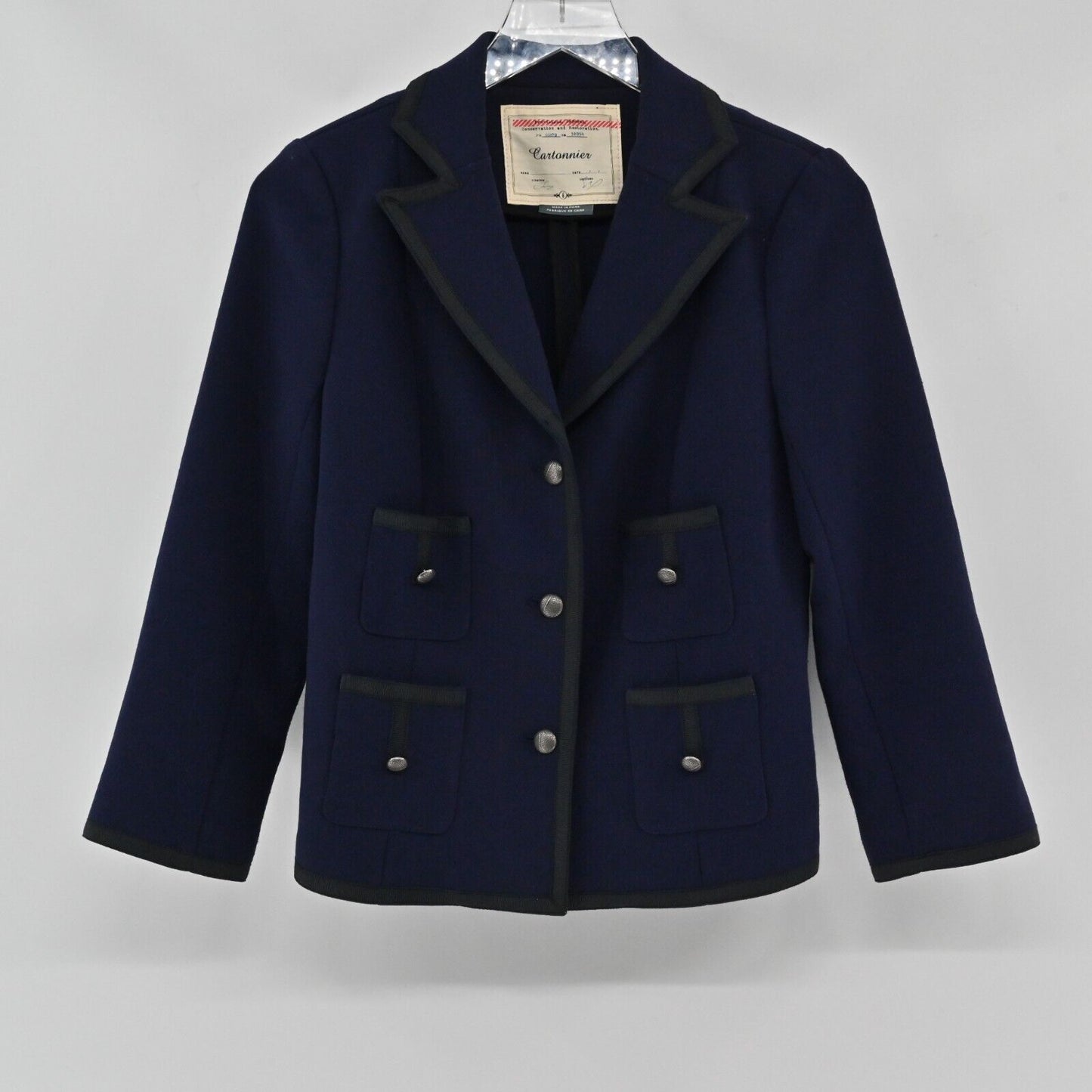 ANTHROPOLOGIE Jacket Womens Size 6 Cartonnier Navy Black Trim Pocket Long Sleeve