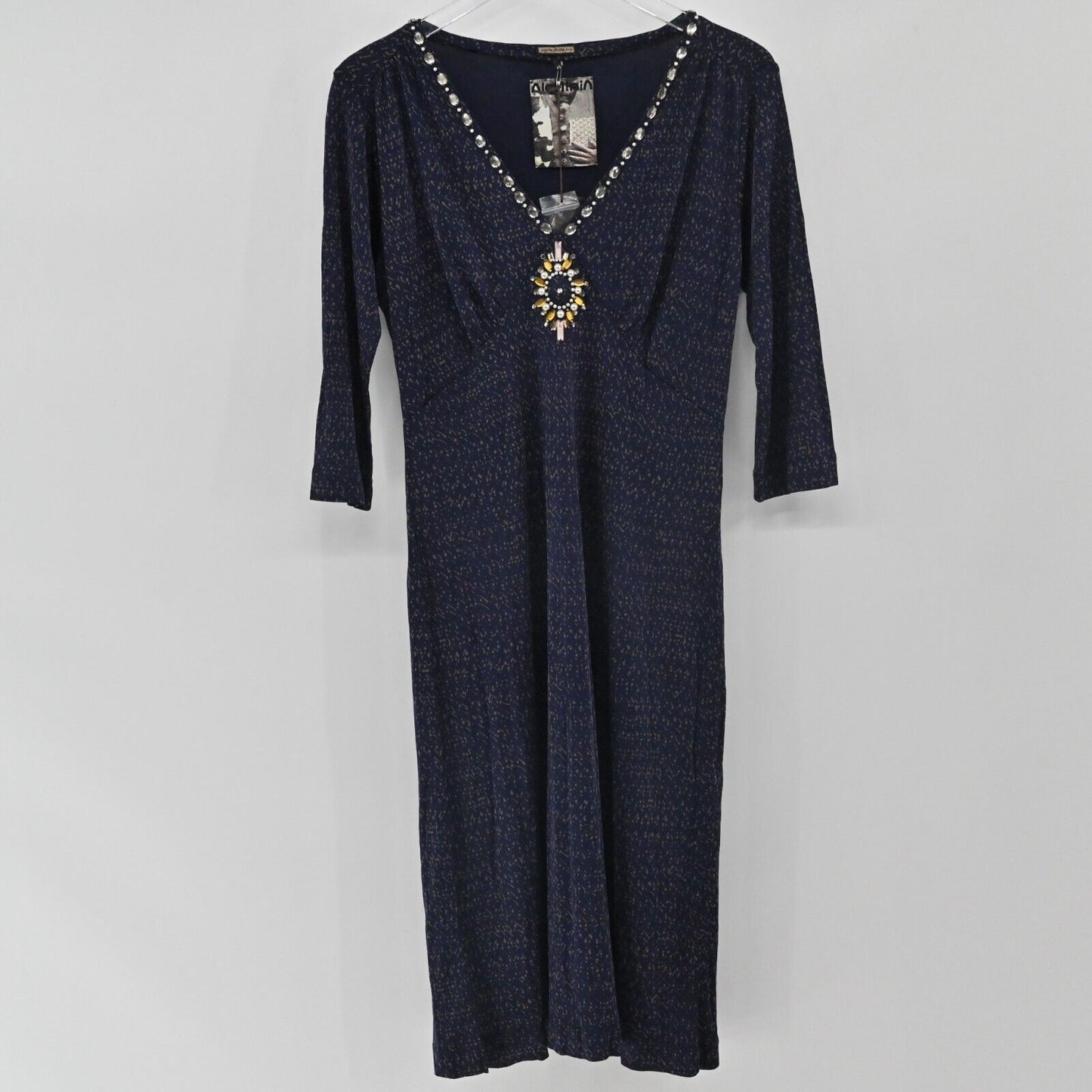 MALIPARMI Dress Size US 10 / IT 46 Navy Blue Embellished 3/4 Sleeves Italy NEW