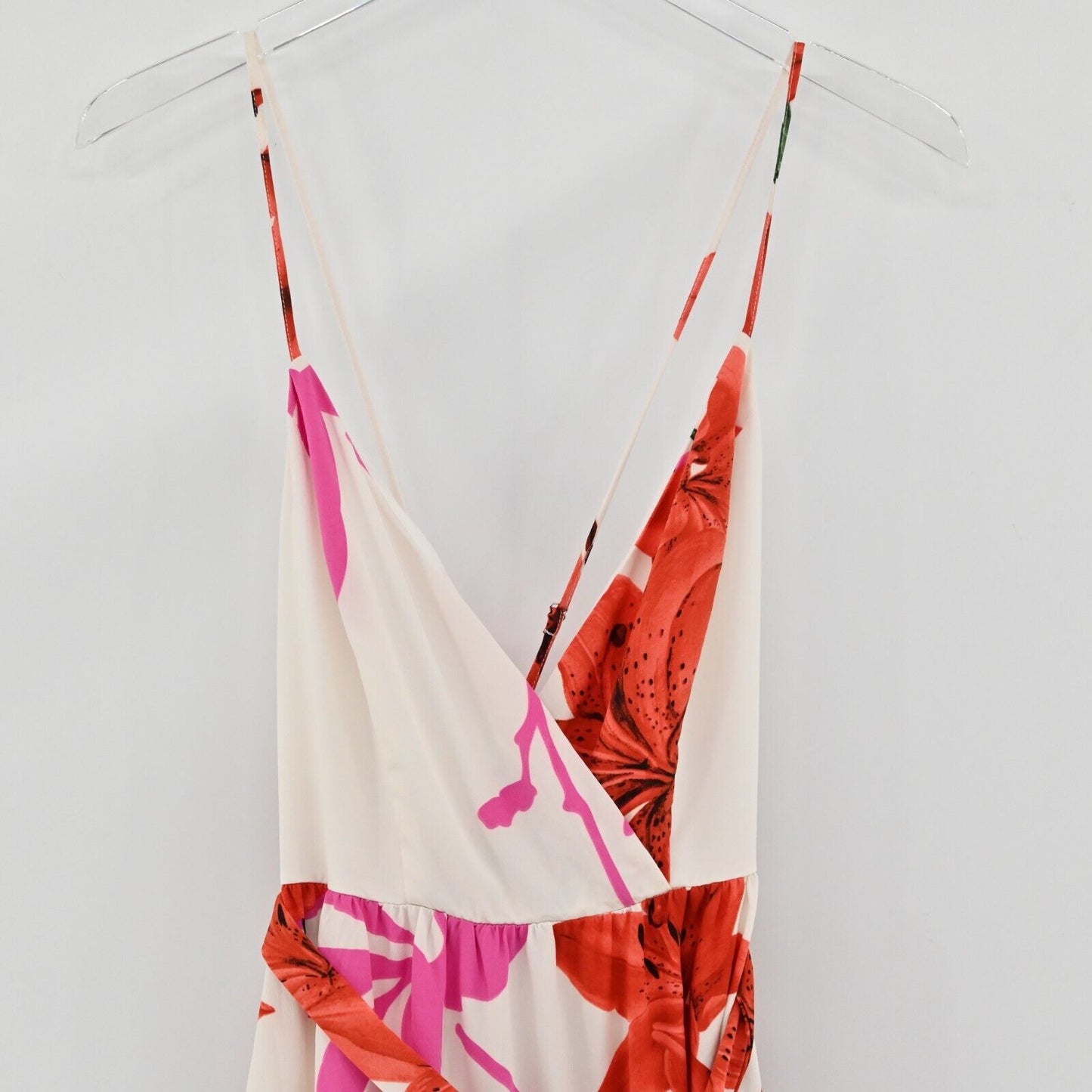 THE SANG Dress Sz S Sleeveless Maxi Red Pink White Floral Tiered Tie Waist Beach